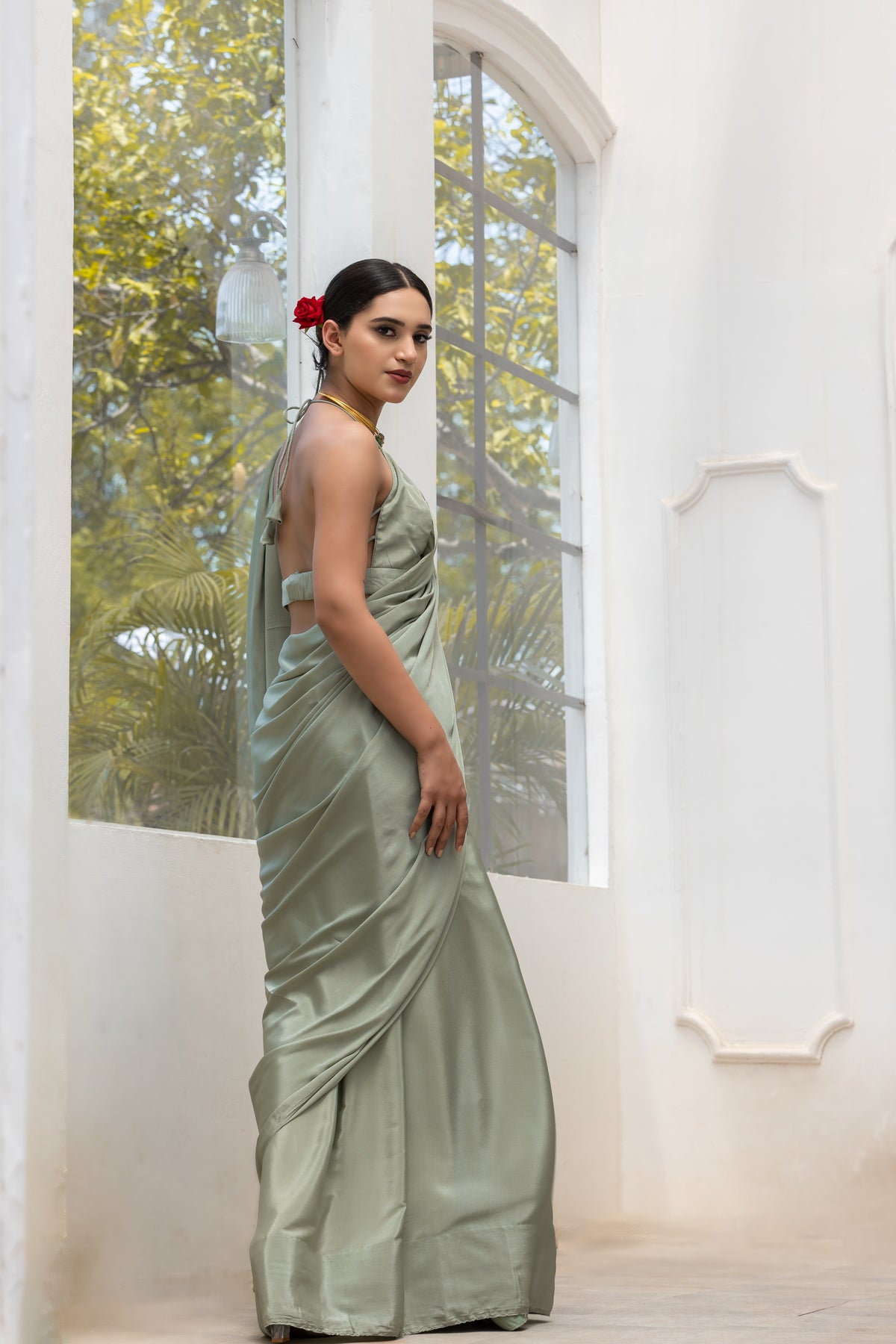 Sage crepe saree with silver pendants and blouse fabric — view 4