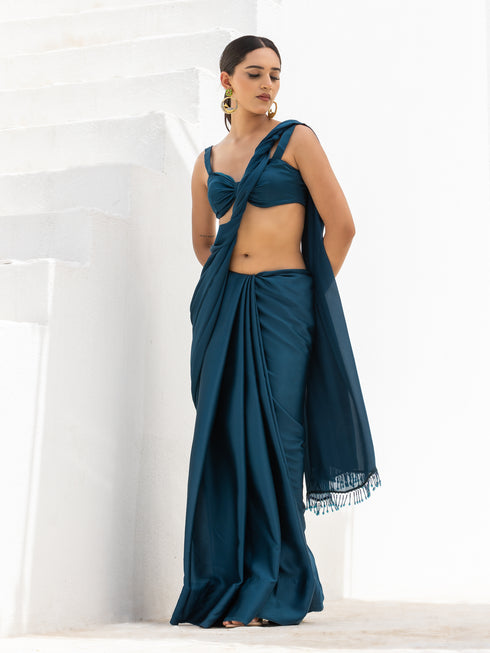 Classic Lethal Blue Satin Saree with Beaded lace & Blouse Fabric