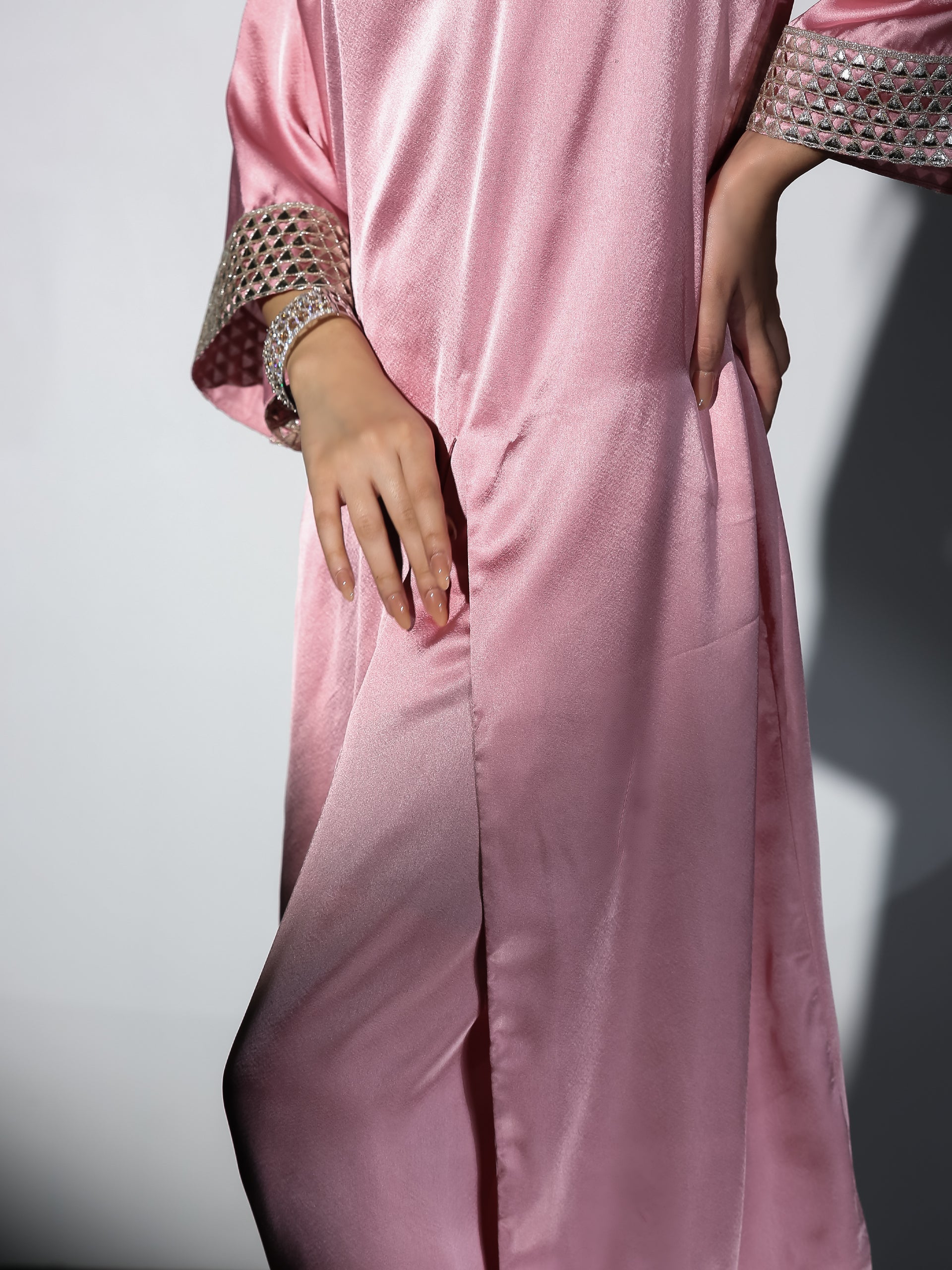 Women's Vision in Pink Satin Set with Gold Triangle on Sleeves and Easy Pants 2 Piece Set | Straight Fit, Round Neck, 3/4 Sleeves, Pants, Festive Wear, (Satin)