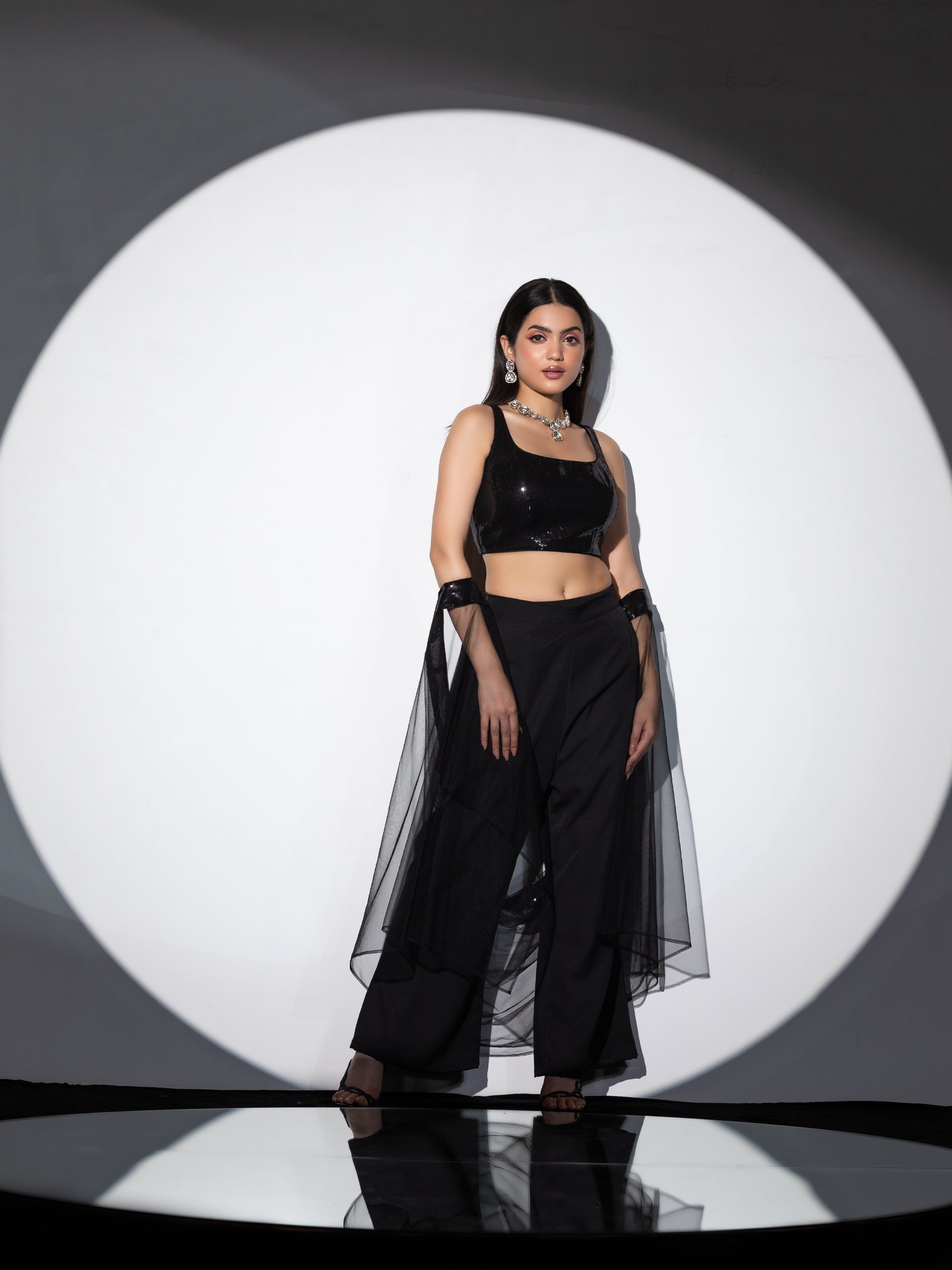 Women's Shawa-Shawa Outfit with Sequin Blouse, Flared Pant, and Net Sequin Dupatta 3 Piece Set | Straight Fit, Round Neck, Sleeveless, Pants, Partywear, (Sequin)