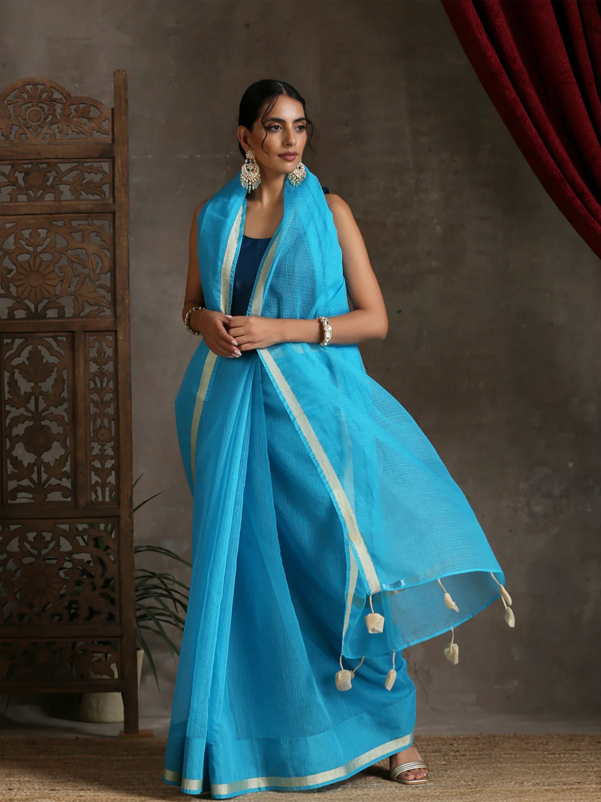 Sapphire Blue Kota Doria Saree with Border & Tassles