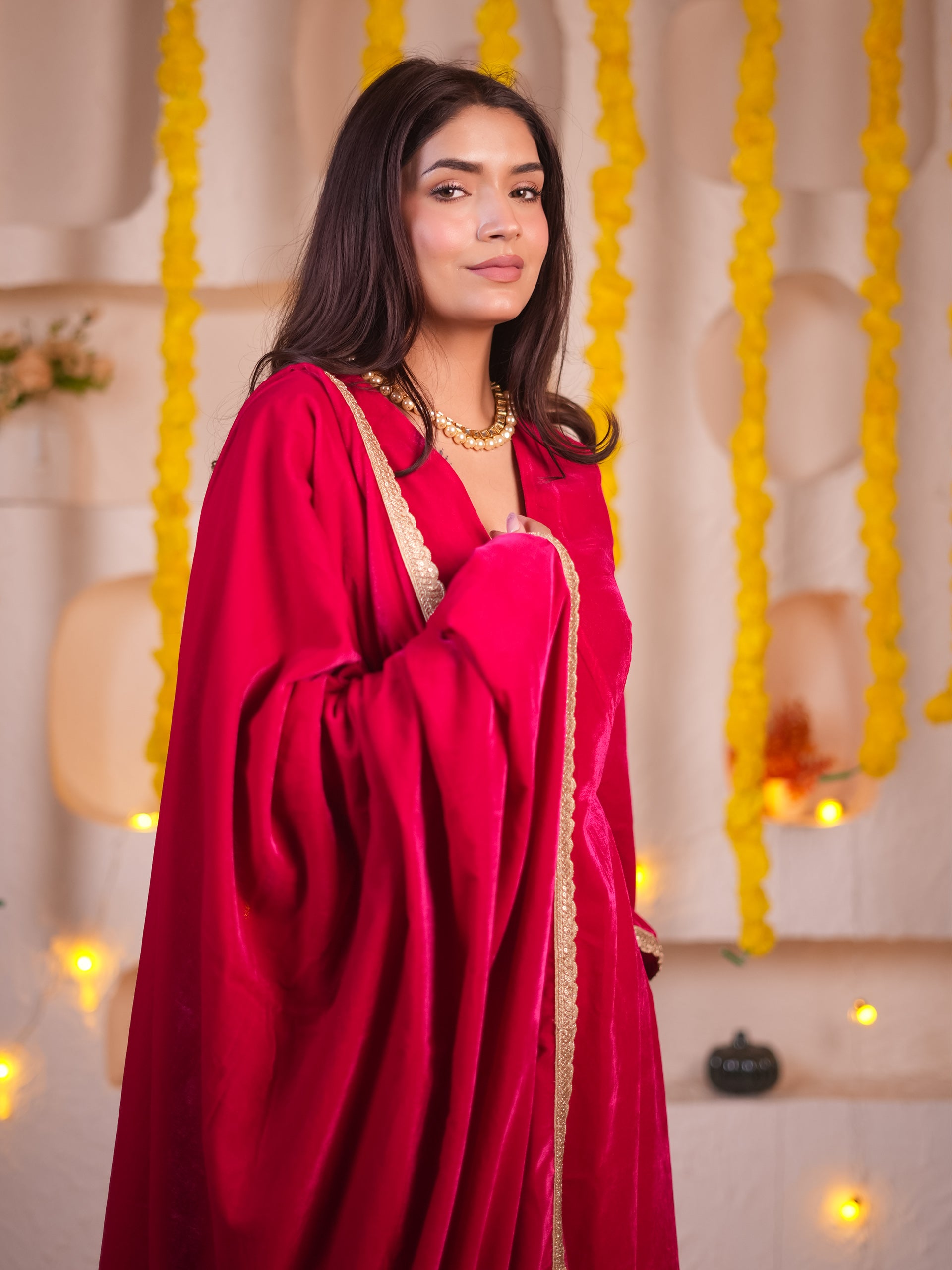 Women's Pink Velvet Kurta with Pants and Lace Dupatta 3 Piece Set | Straight Fit, V Neck, Full Sleeves, Pants, Festive Wear, (Velvet)