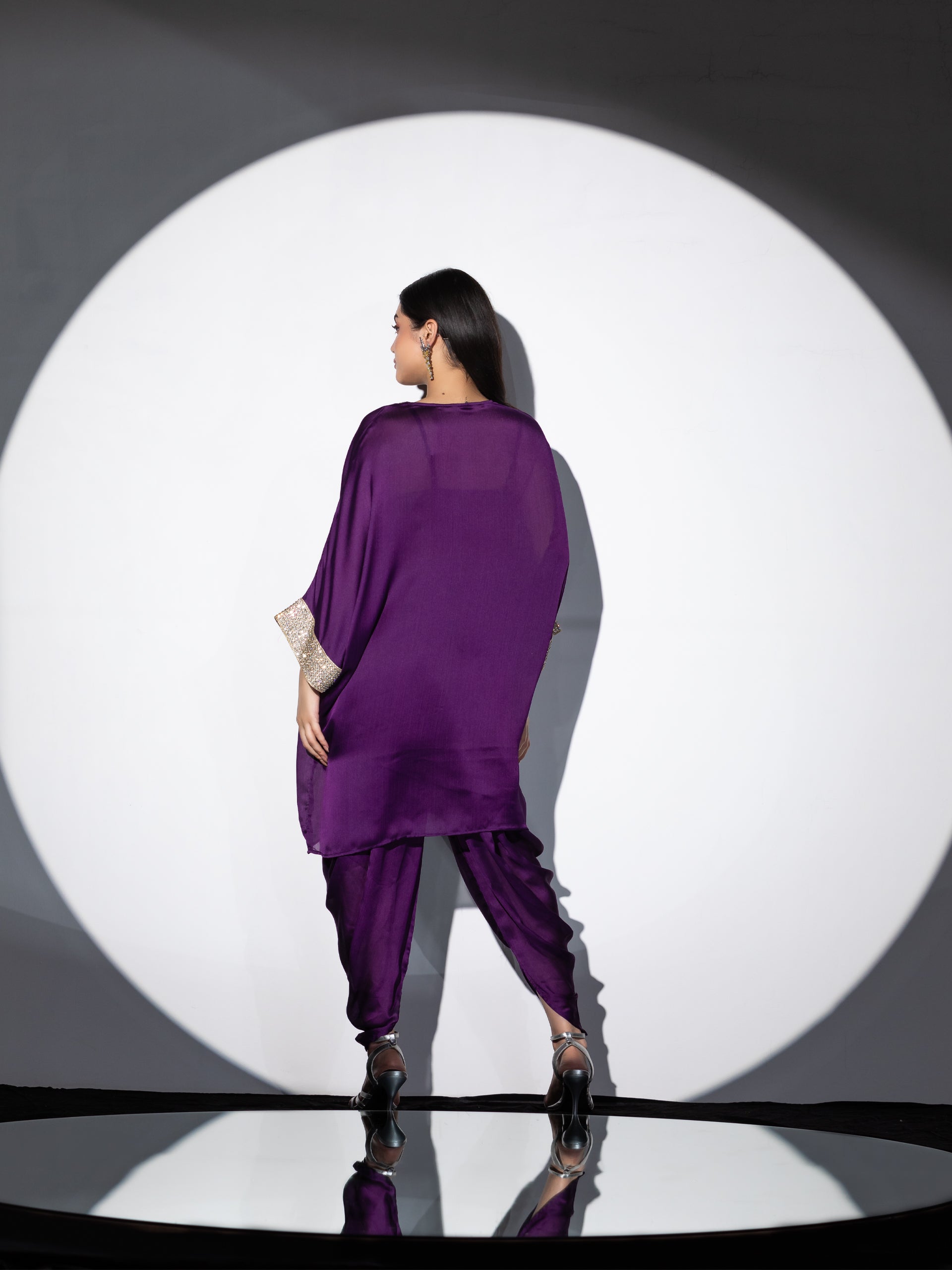 Women's Amethyst Purple Diamond Studded Top Set with Dhoti Pants 2 Piece Set | Straight Fit, V Neck, 3/4 Sleeves, Dhoti Pants, Partywear, (Satin)