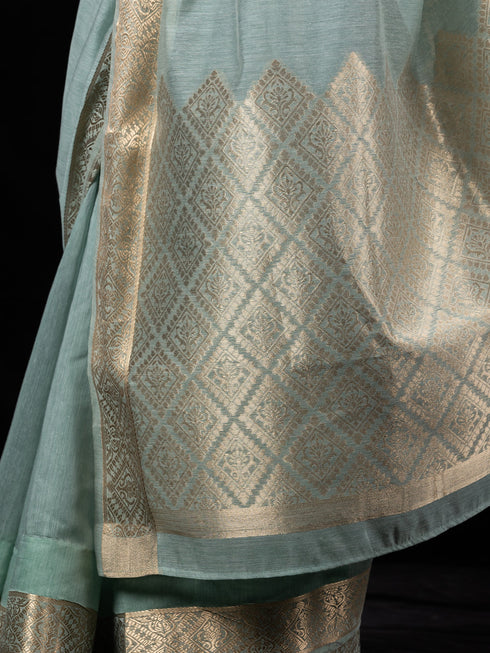 Stunning Aqua Gold Rich Pallu Soft Saree With Blouse Fabric