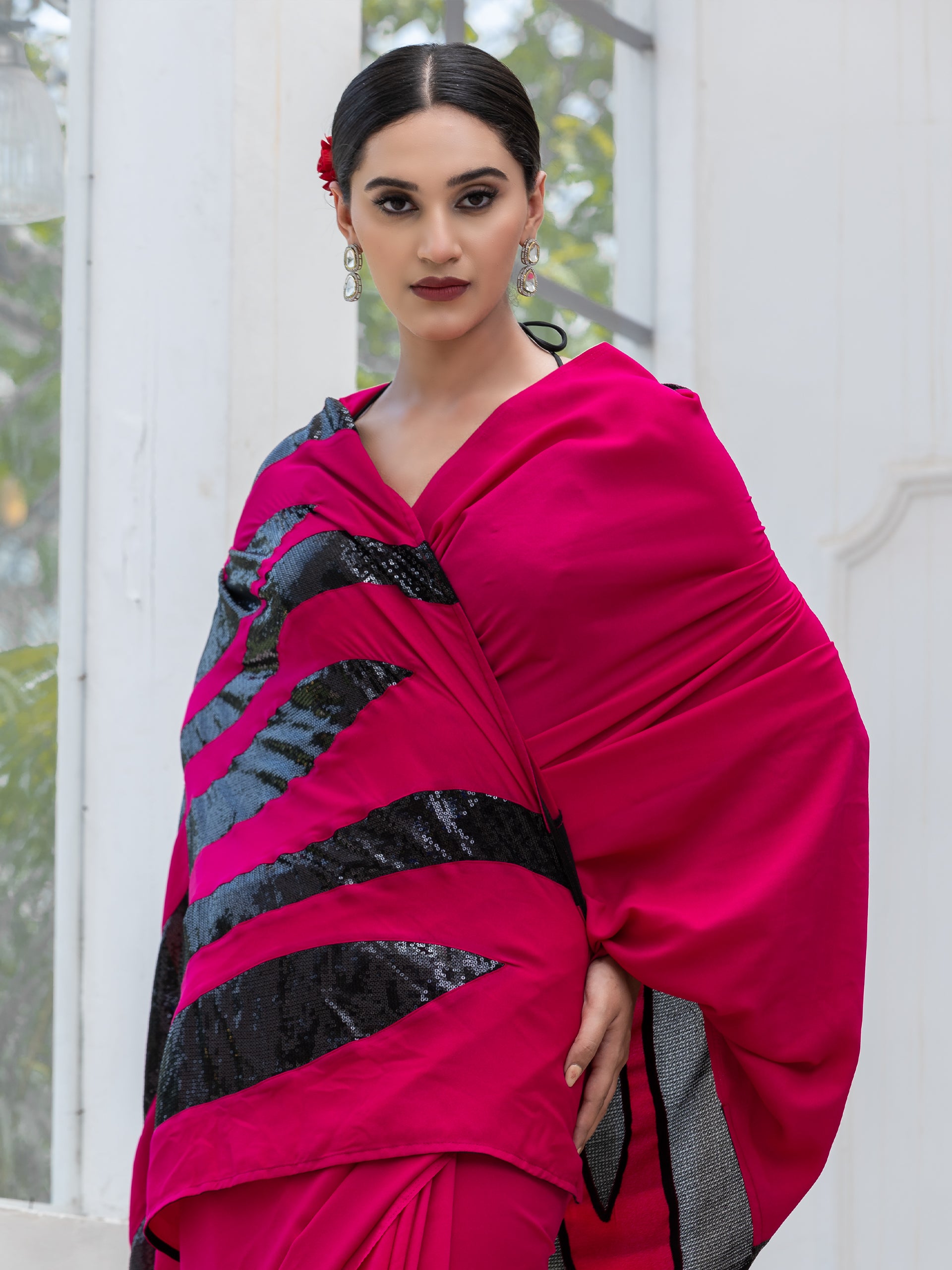 Raw Pink Power Saree with Zebra Sequins