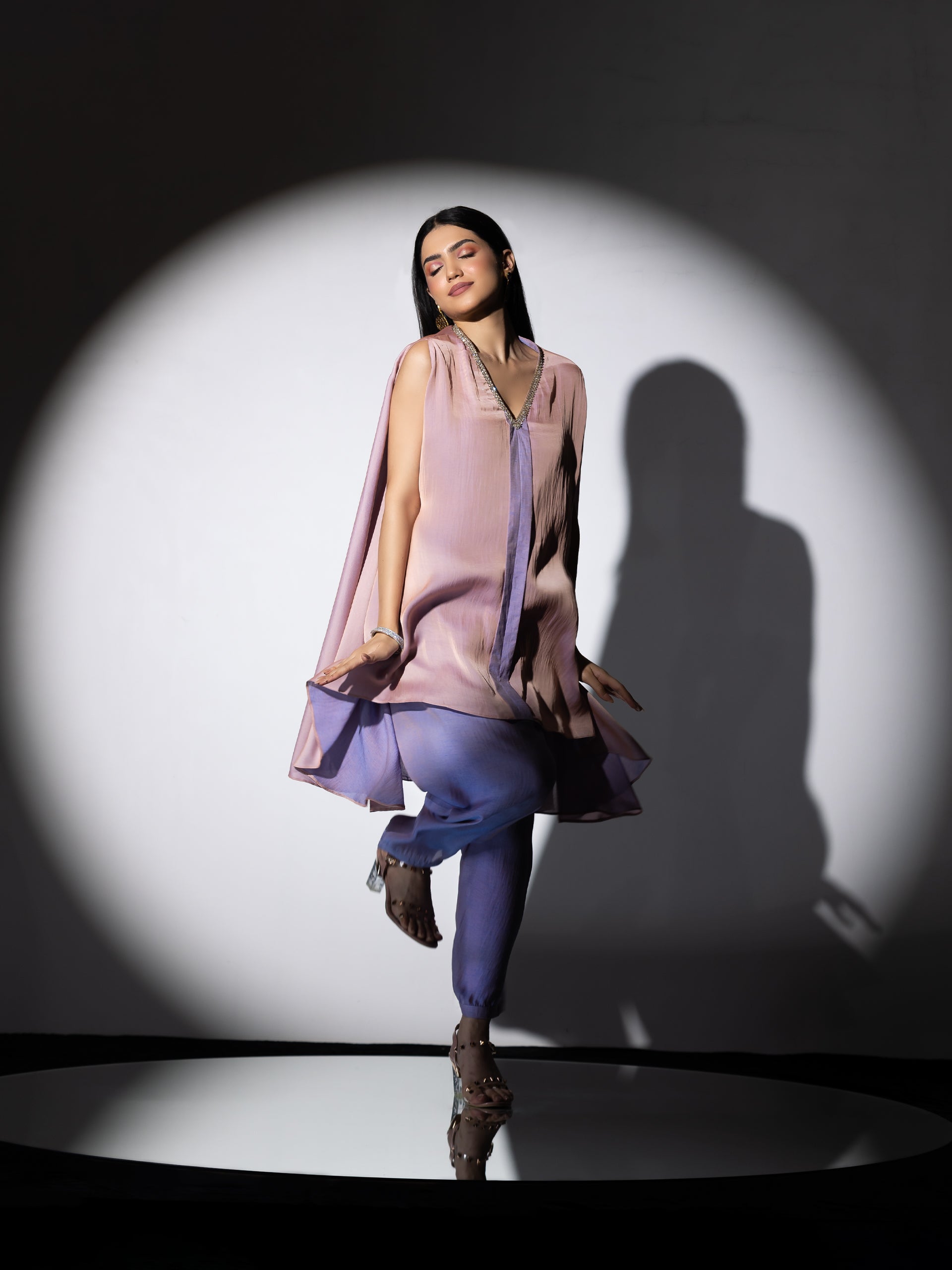 Women's Peach & Lavender Slub Satin Flared Top Set with Poncha Pants 2 Piece Set | A-Line, Round Neck, Sleeveless, Pants, Festive Wear, (Slub Satin)