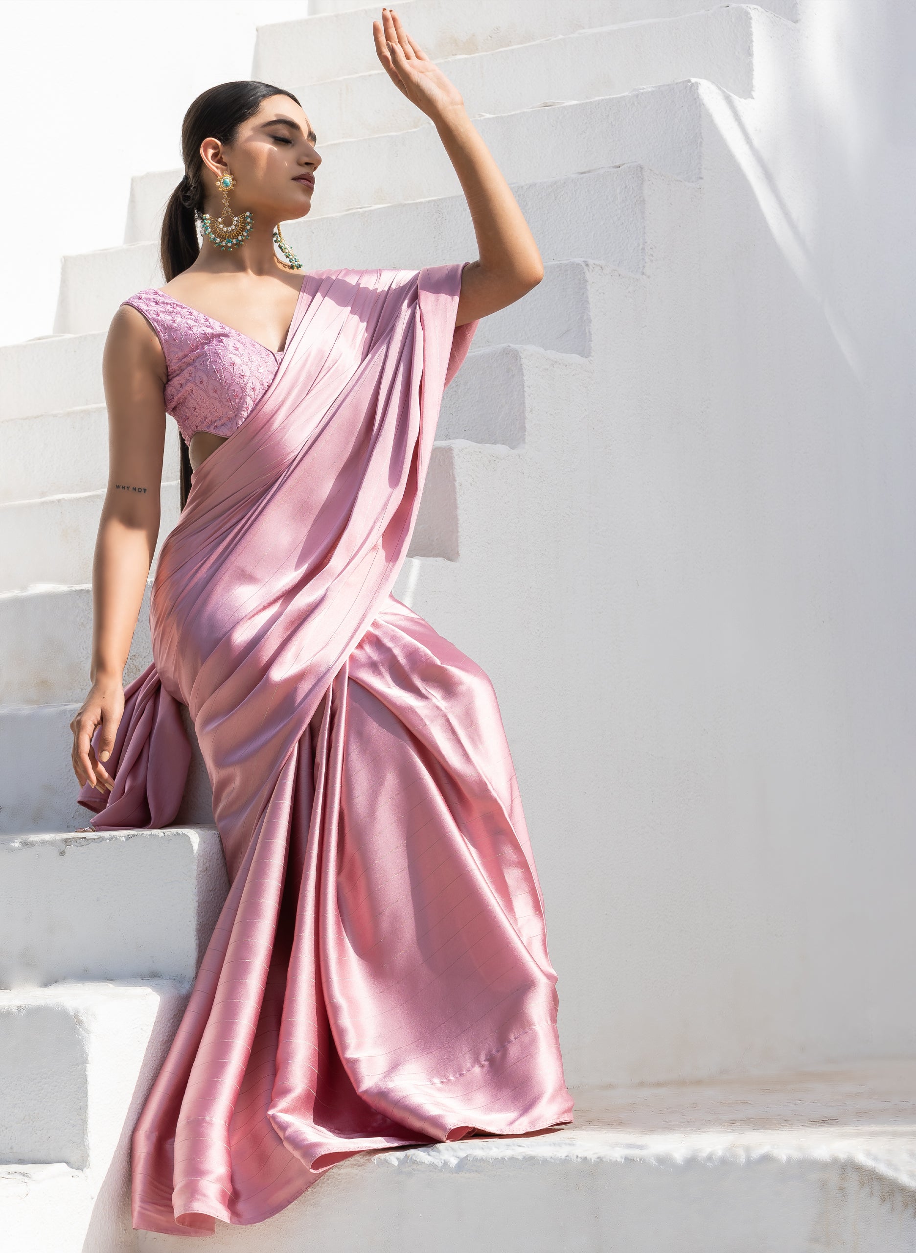 Cherry Blossom Pink Stripe Satin Saree with Embroidery Blouse fabric