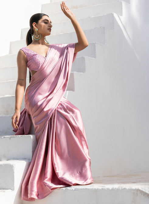 Cherry Blossom Pink Stripe Satin Saree with Embroidery Blouse fabric