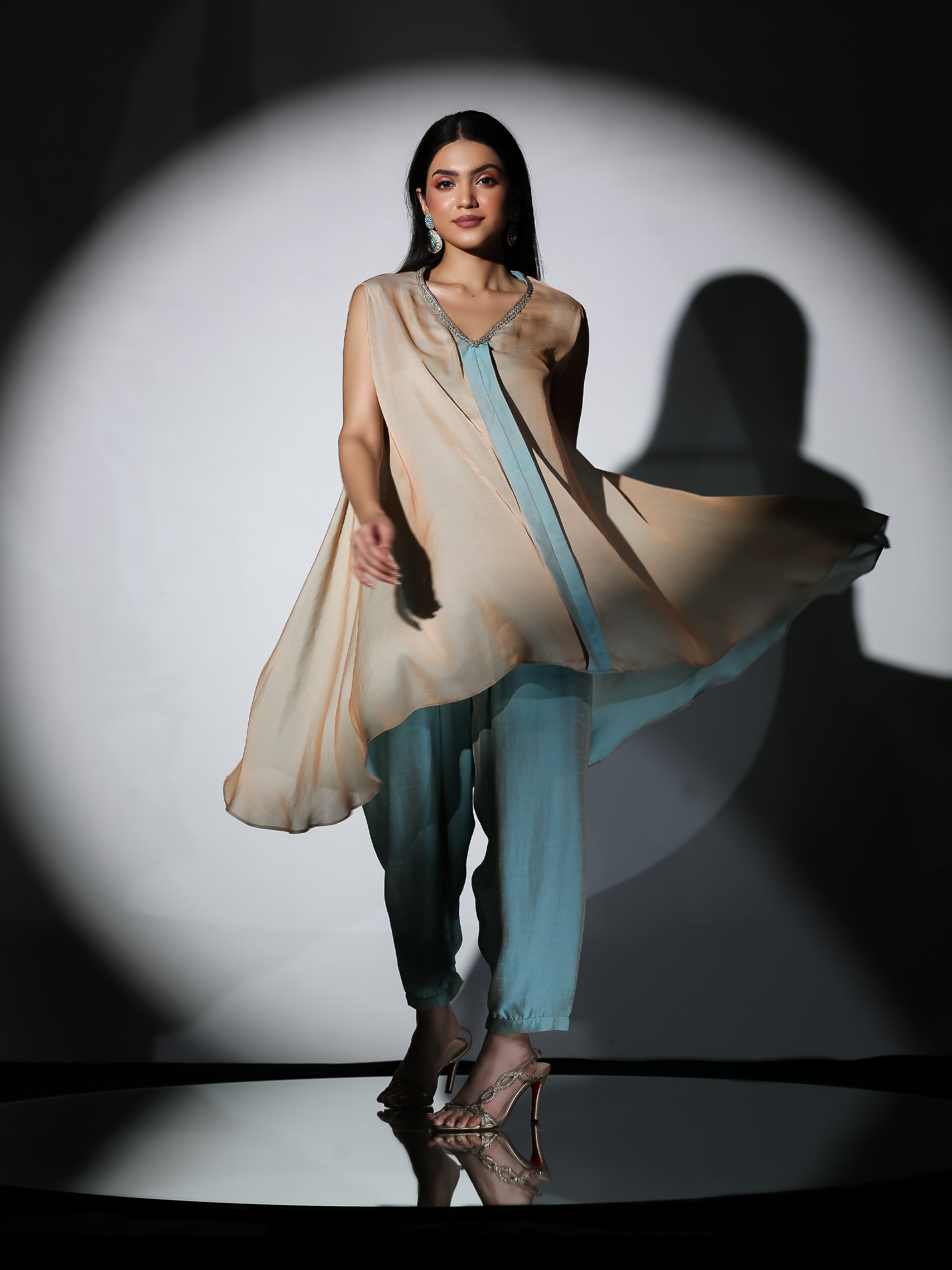 Women's Dual Shade Powder Blue and Cream Slub Satin Flared Top Set with Pants 2 Piece Set | A-Line, V Neck, Sleeveless, Pants, Partywear, (Slub Satin)