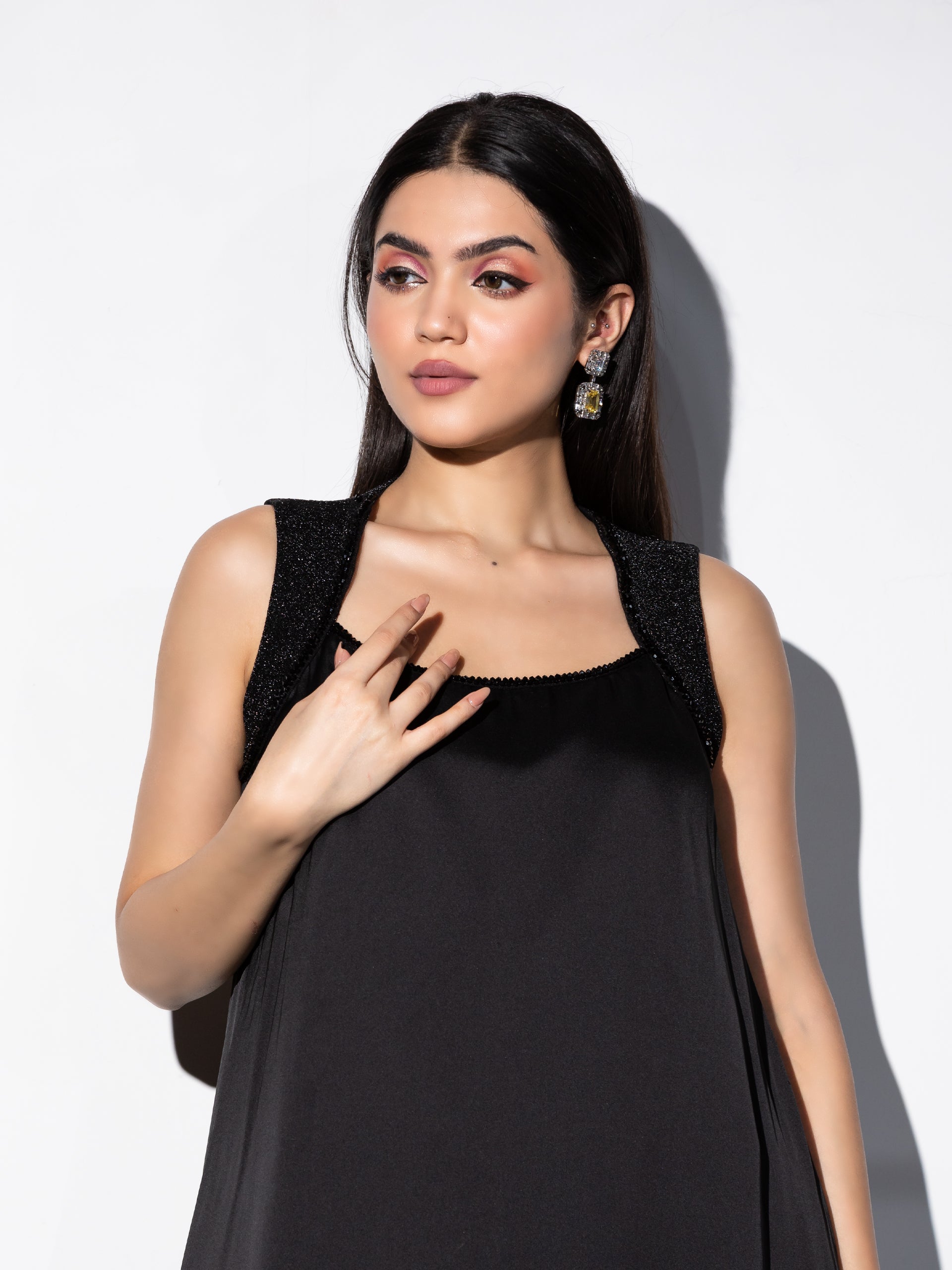 Women's Black Satin with Stretchable Top & Beads Set with Dhoti Pants, 2 Piece Set | Straight Fit, Round Neck, Sleeveless, Dhoti Pants, Partywear, (Satin)