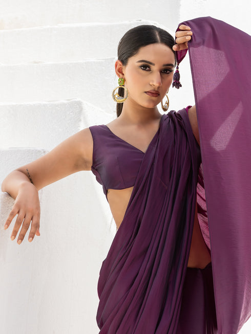 Mulberry Purple Dual Shade Satin Saree with Beaded Pendant and Blouse Fabric