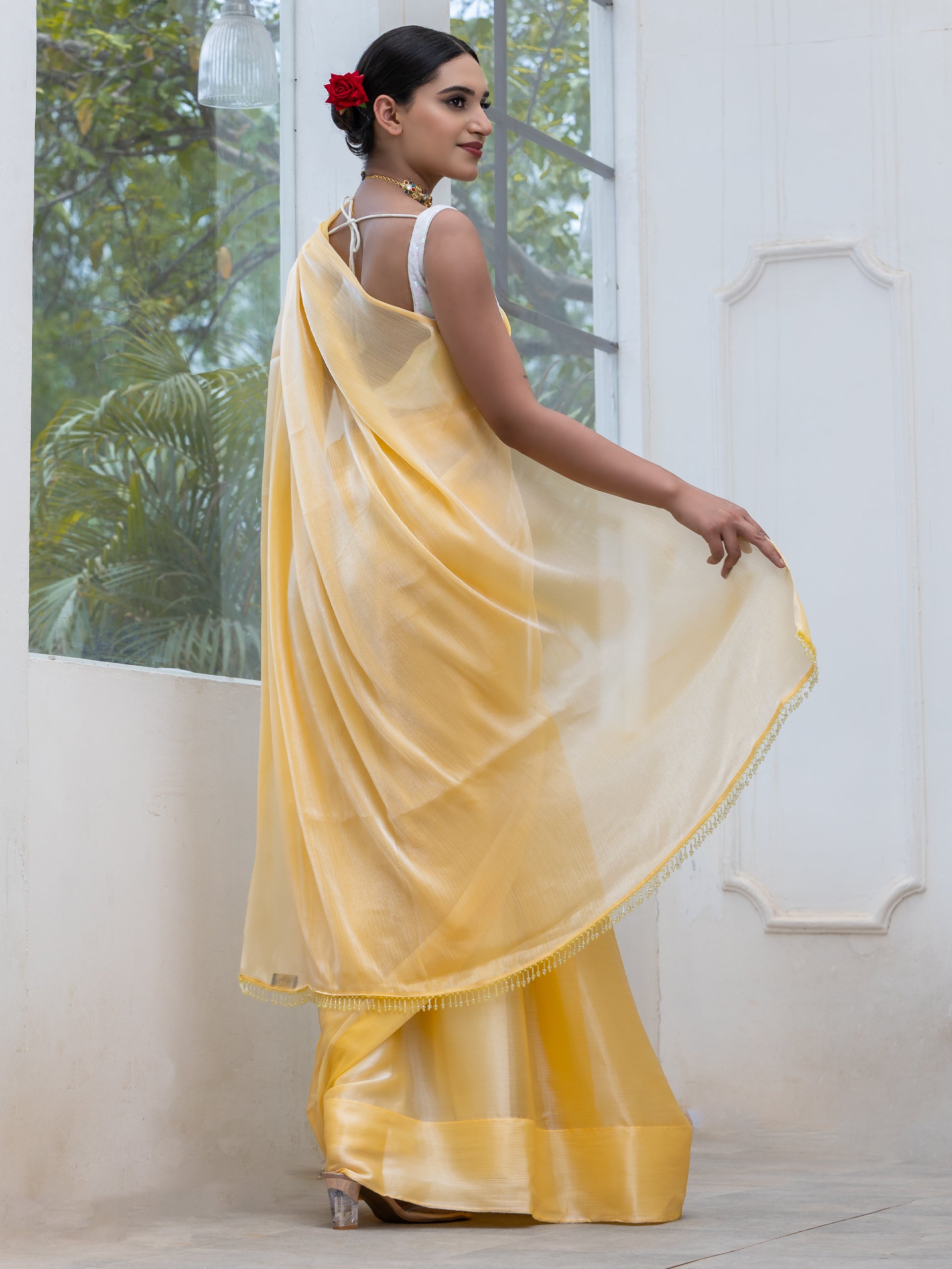 Lemon Fizz Chiffon Organza Saree with Lace and Blouse fabric