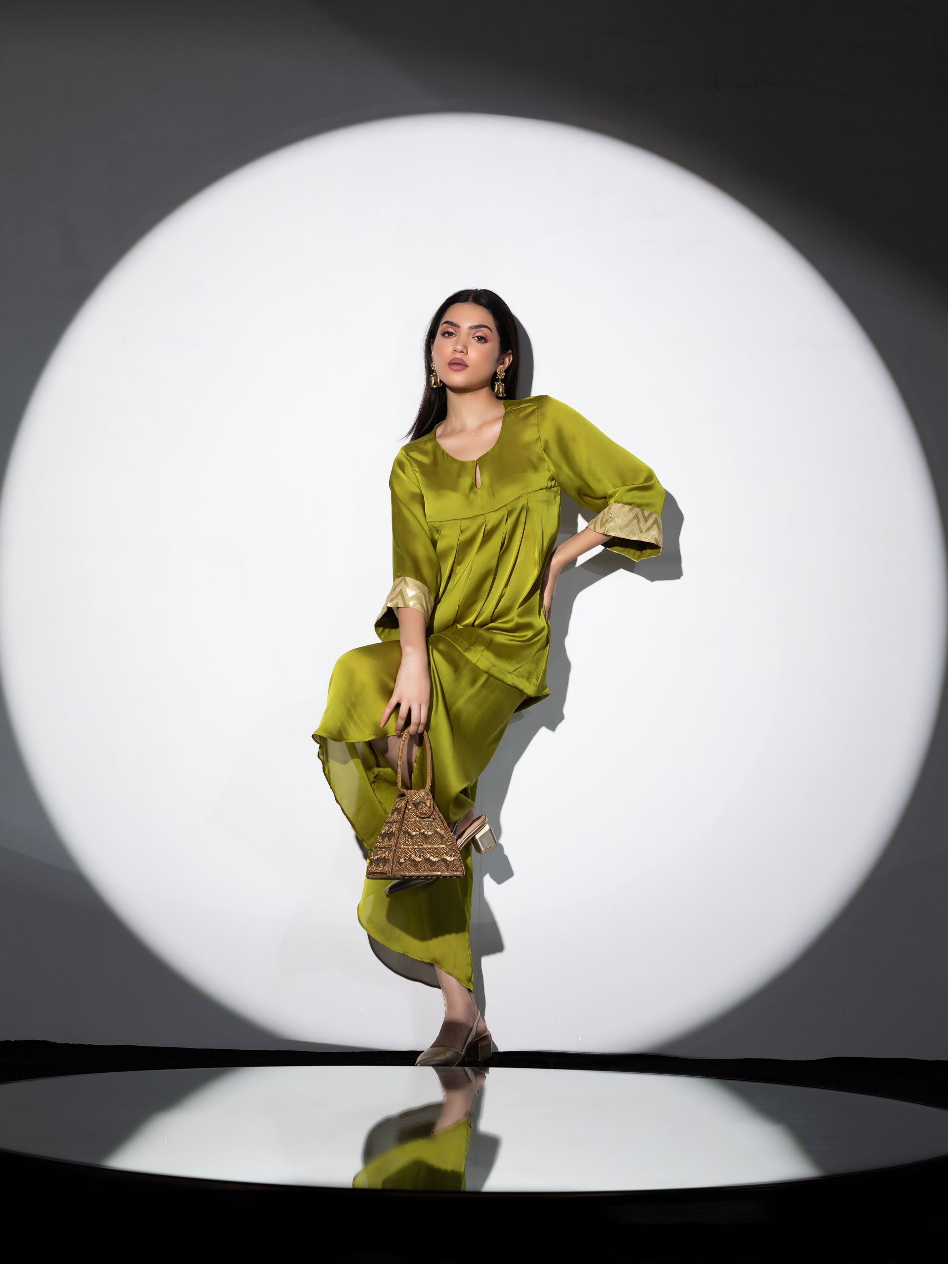 Women's Lilly Lime Satin Top Set with Stylish Wrap Pants 2 Piece Set | Straight Fit, Round Neck, Full Sleeves, Pants, Partywear, (Satin)