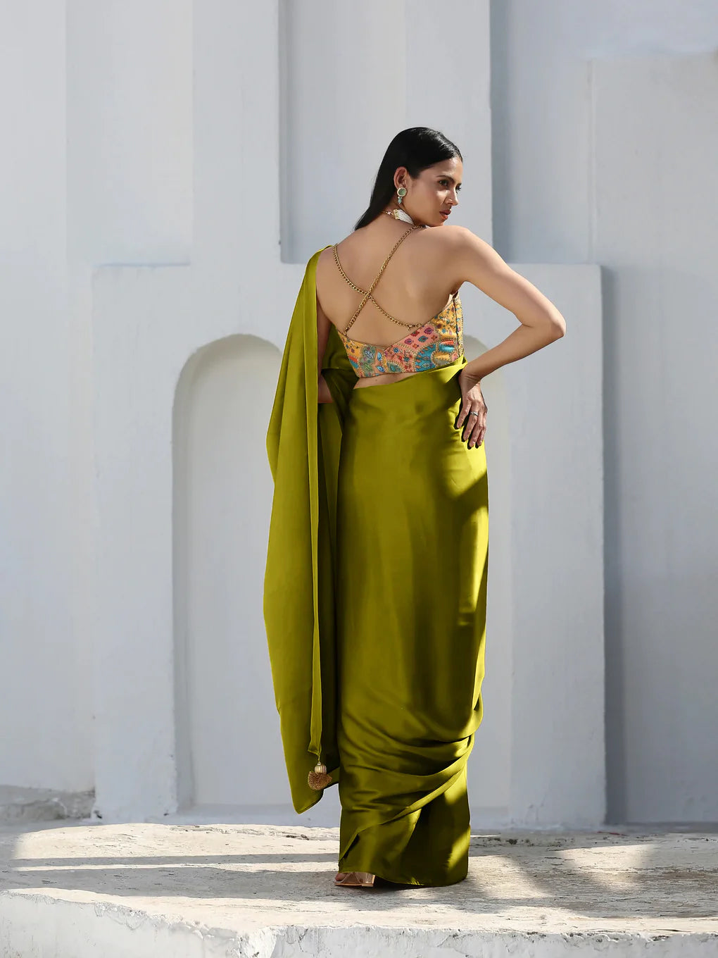 Lime satin saree with gold flat pendants — view 4