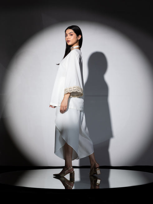 1 pc - Off white Crepe Short Kurta with Flared Sleeves and Pearl Embellished Lace