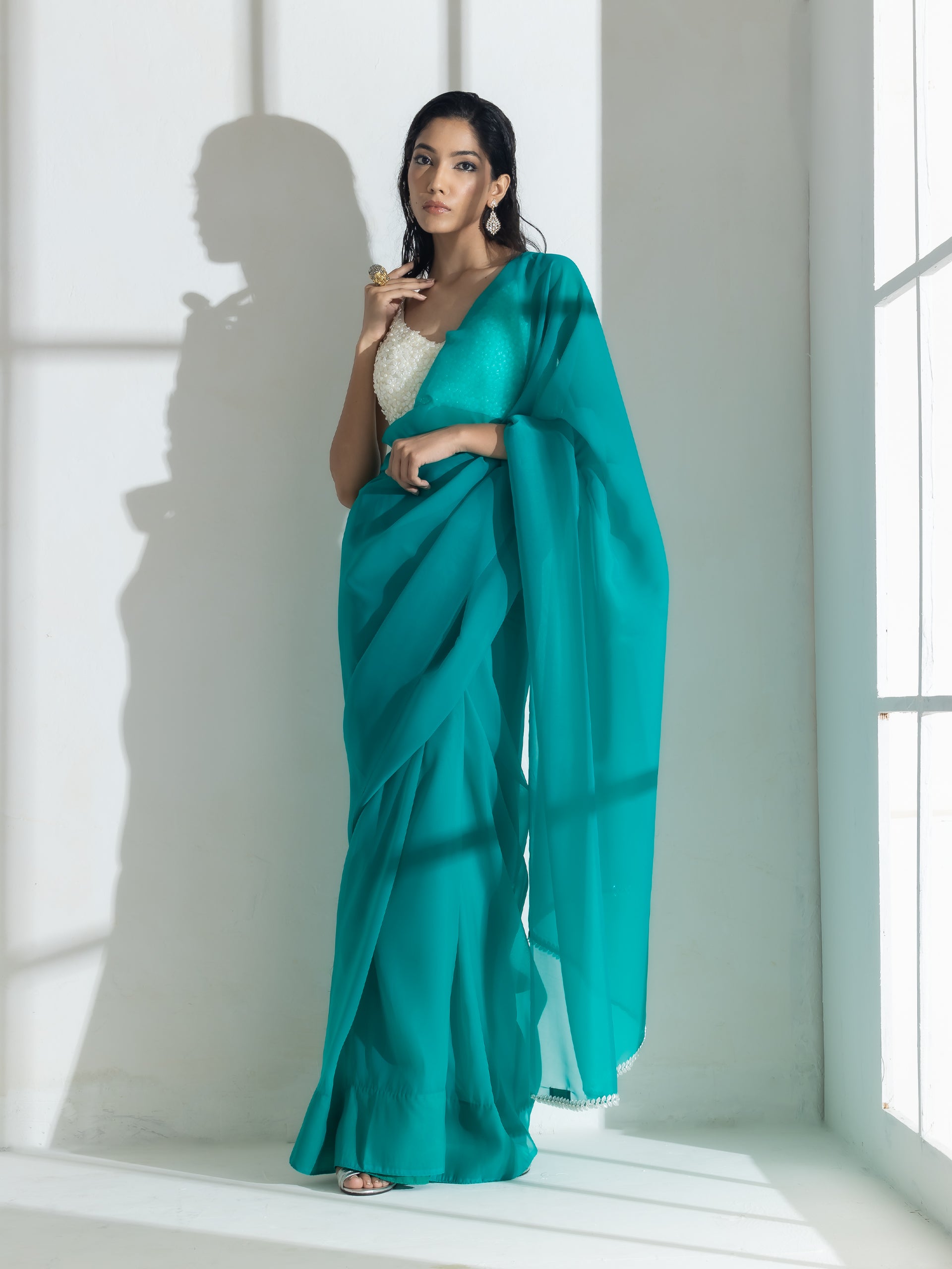 Topaz Super Soft Organza Saree with Pearl Leaves