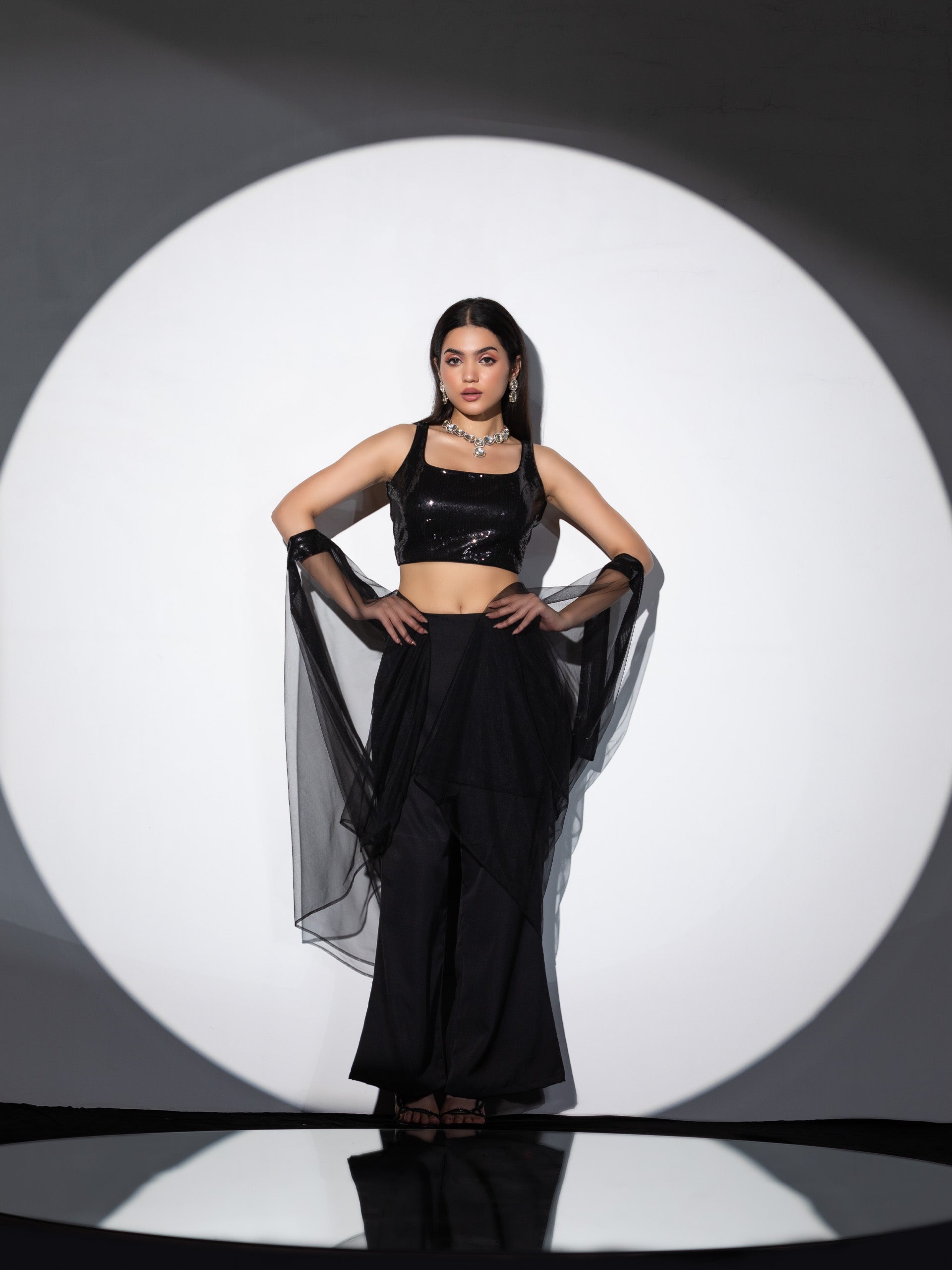 Women's Shawa-Shawa Outfit with Sequin Blouse, Flared Pant, and Net Sequin Dupatta 3 Piece Set | Straight Fit, Round Neck, Sleeveless, Pants, Partywear, (Sequin)