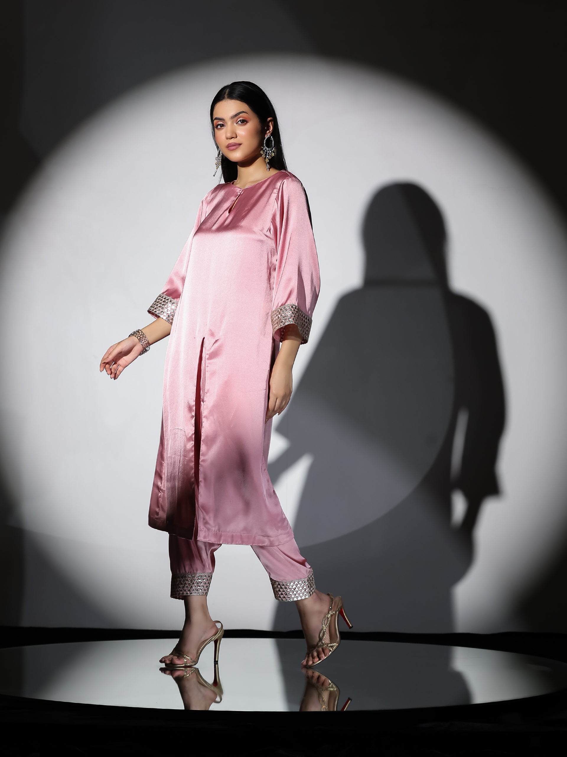 Women's Vision in Pink Satin Set with Gold Triangle on Sleeves and Easy Pants 2 Piece Set | Straight Fit, Round Neck, 3/4 Sleeves, Pants, Festive Wear, (Satin)