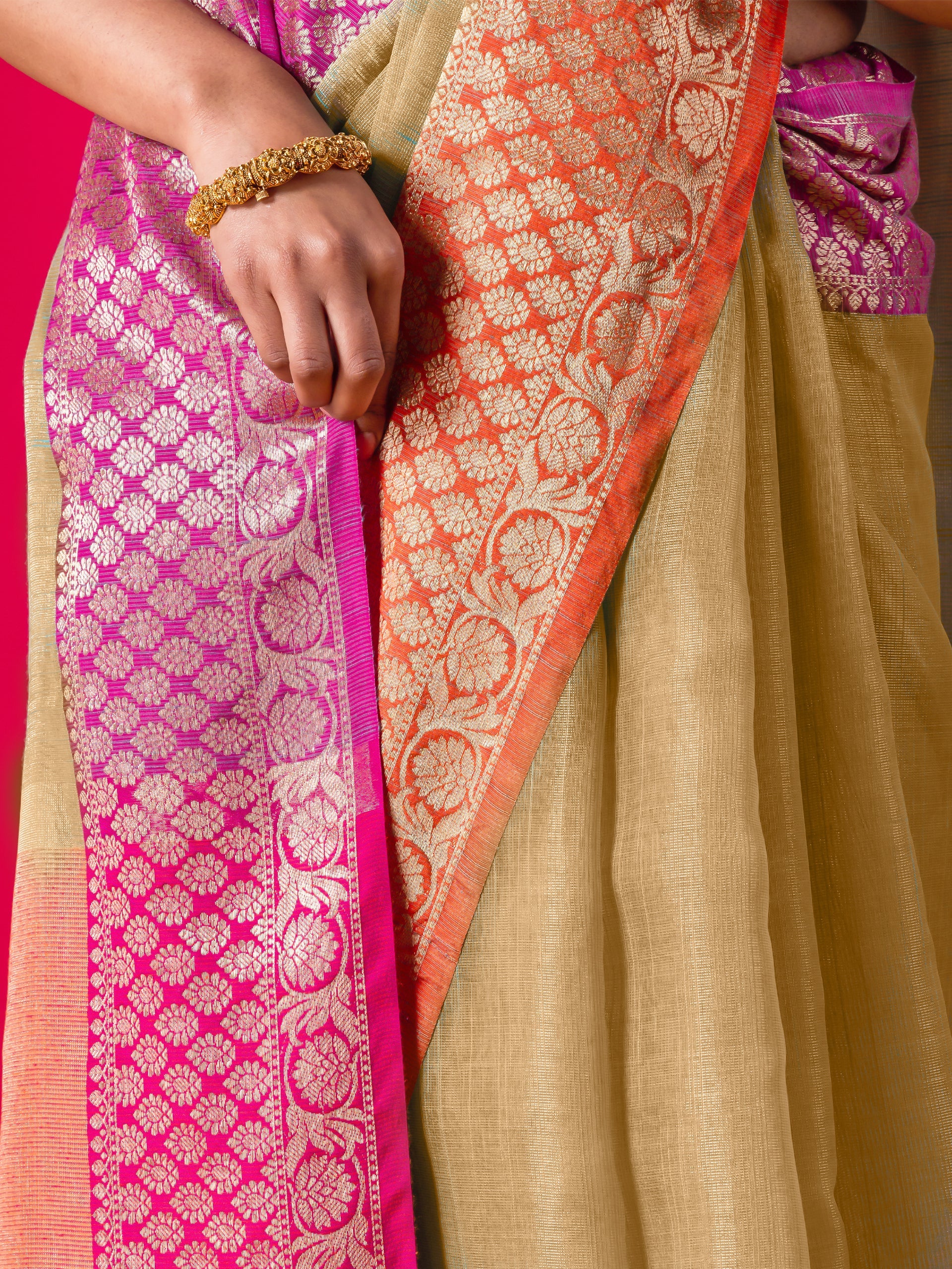 Beige Ganga Yamuna Muga Tissue Saree with blouse fabric