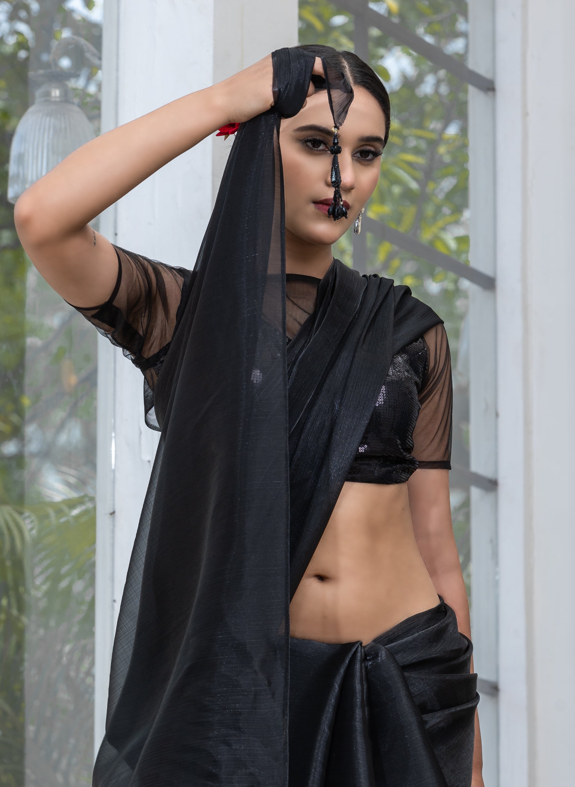 Black Friday Chiffon Organza Saree with Mirror Pendants and Blouse Fabric