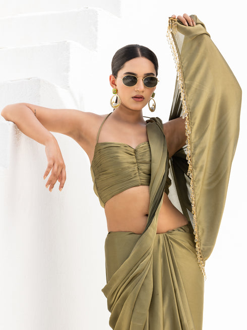 Moss Olive Green Dual Shade Satin Saree with Blouse Fabric