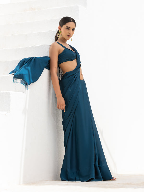 Classic Lethal Blue Satin Saree with Beaded lace & Blouse Fabric