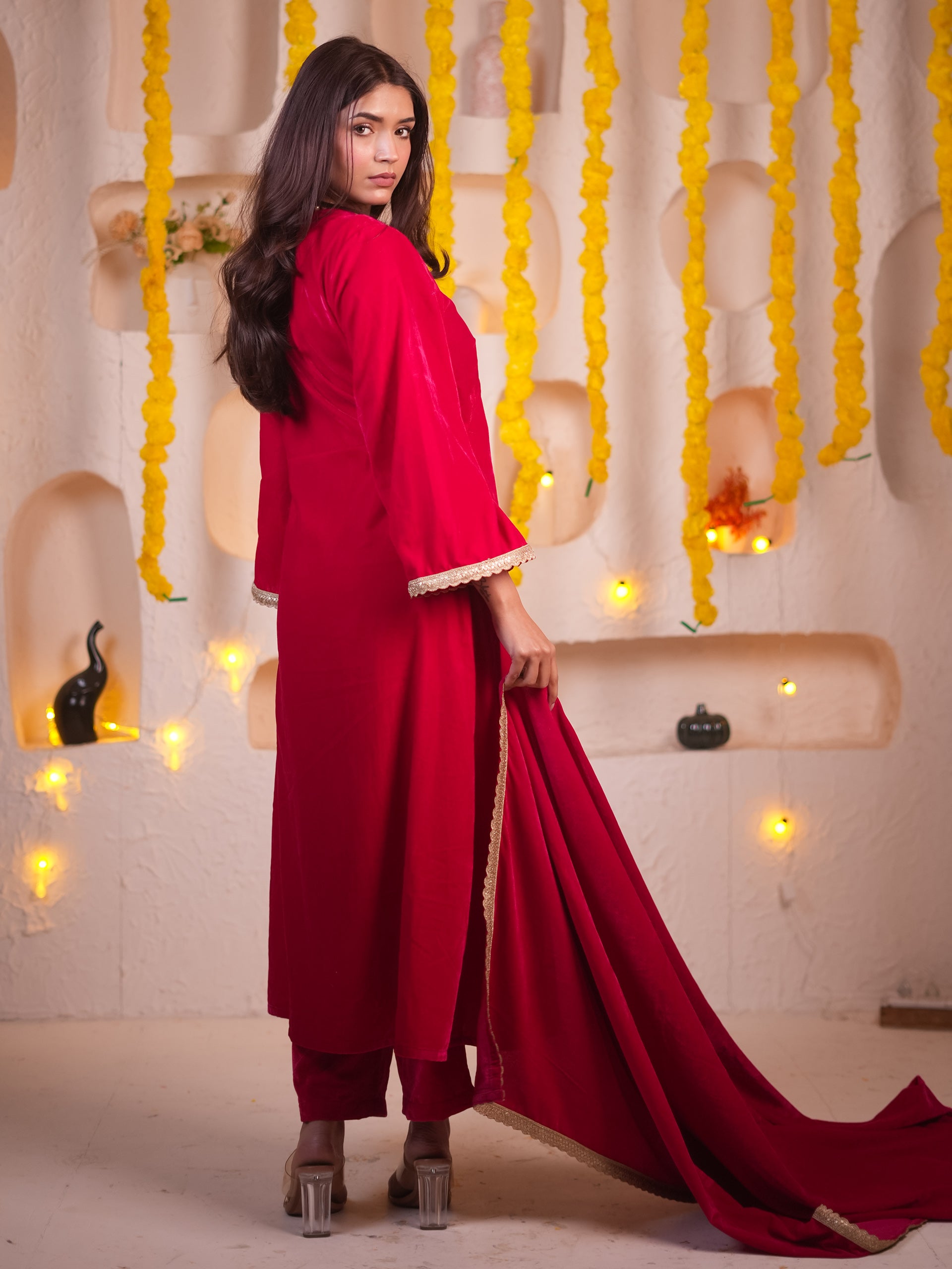Women's Pink Velvet Kurta with Pants and Lace Dupatta 3 Piece Set | Straight Fit, V Neck, Full Sleeves, Pants, Festive Wear, (Velvet)