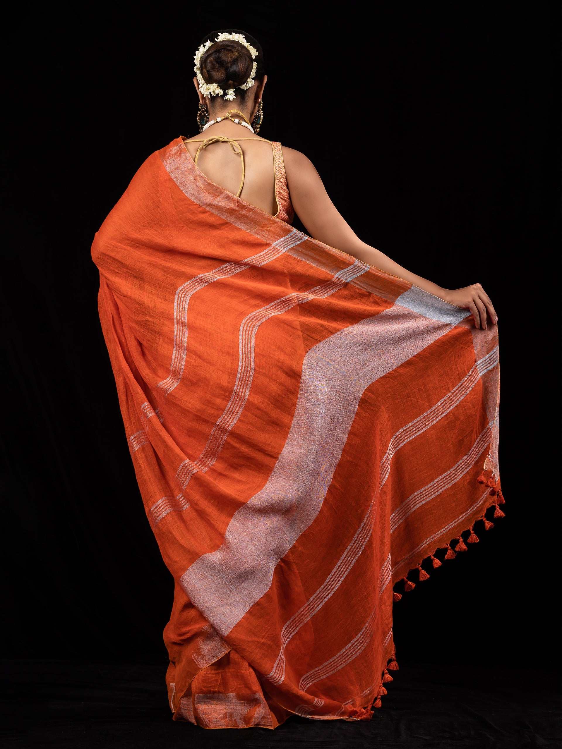 Tangerine Pure Linen saree