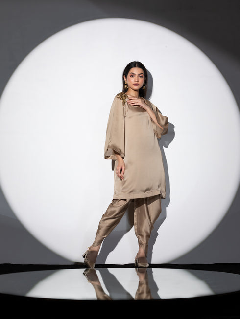 2 Piece Set | Peanut Bronze Zardozi Shoulder Top with Dhoti Pants
