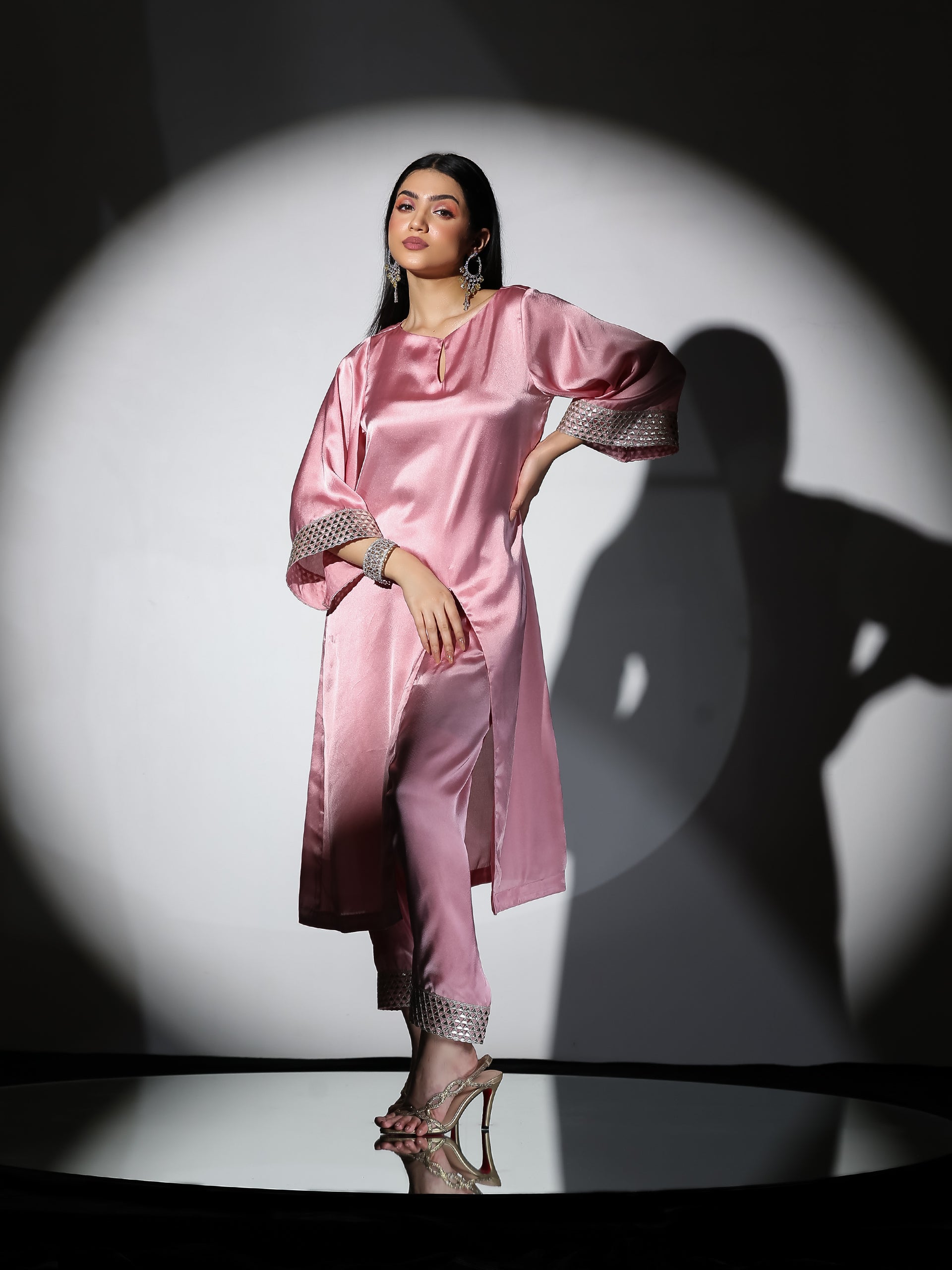 Women's Vision in Pink Satin Set with Gold Triangle on Sleeves and Easy Pants 2 Piece Set | Straight Fit, Round Neck, 3/4 Sleeves, Pants, Festive Wear, (Satin)