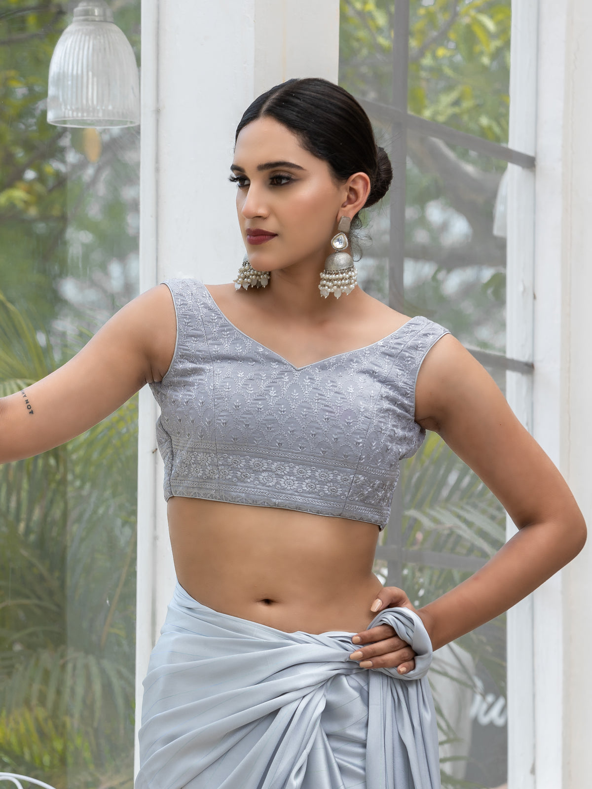 Ice grey stripe satin saree with embroidered blouse fabric — view 6