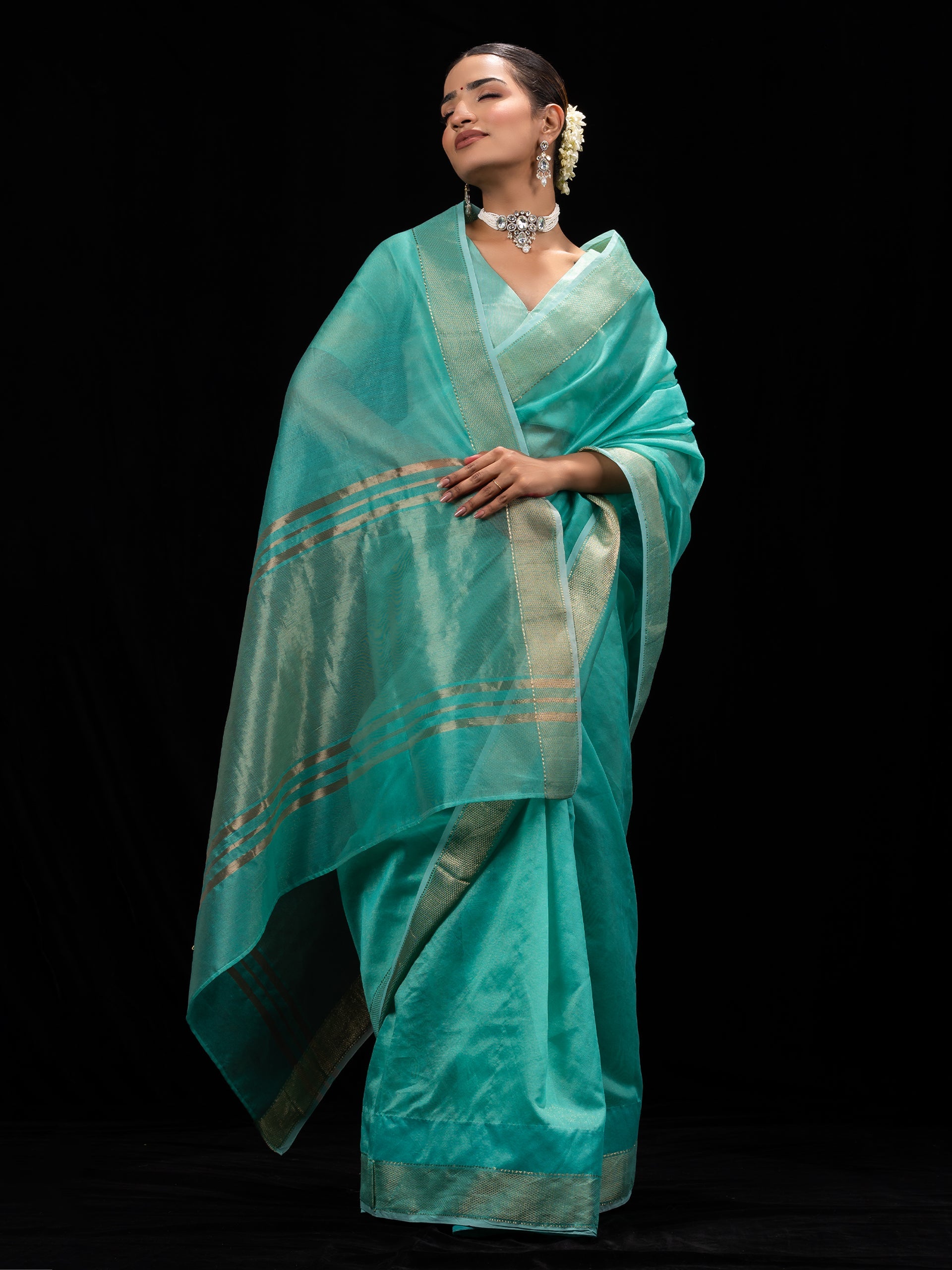 Sky Gold Metallic Soft Fabric Saree with Blouse Fabric