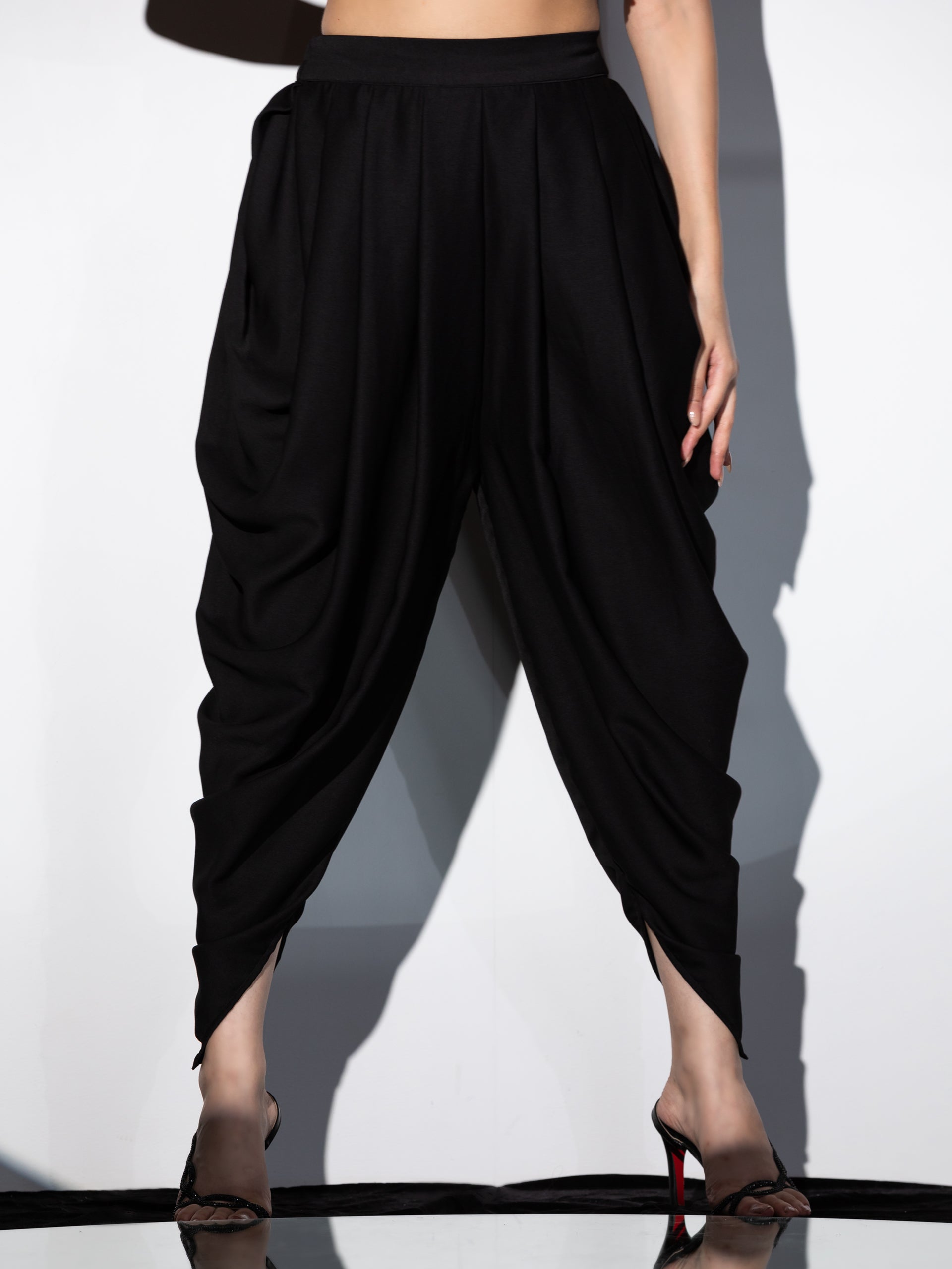 Women's Black Satin with Stretchable Top & Beads Set with Dhoti Pants, 2 Piece Set | Straight Fit, Round Neck, Sleeveless, Dhoti Pants, Partywear, (Satin)