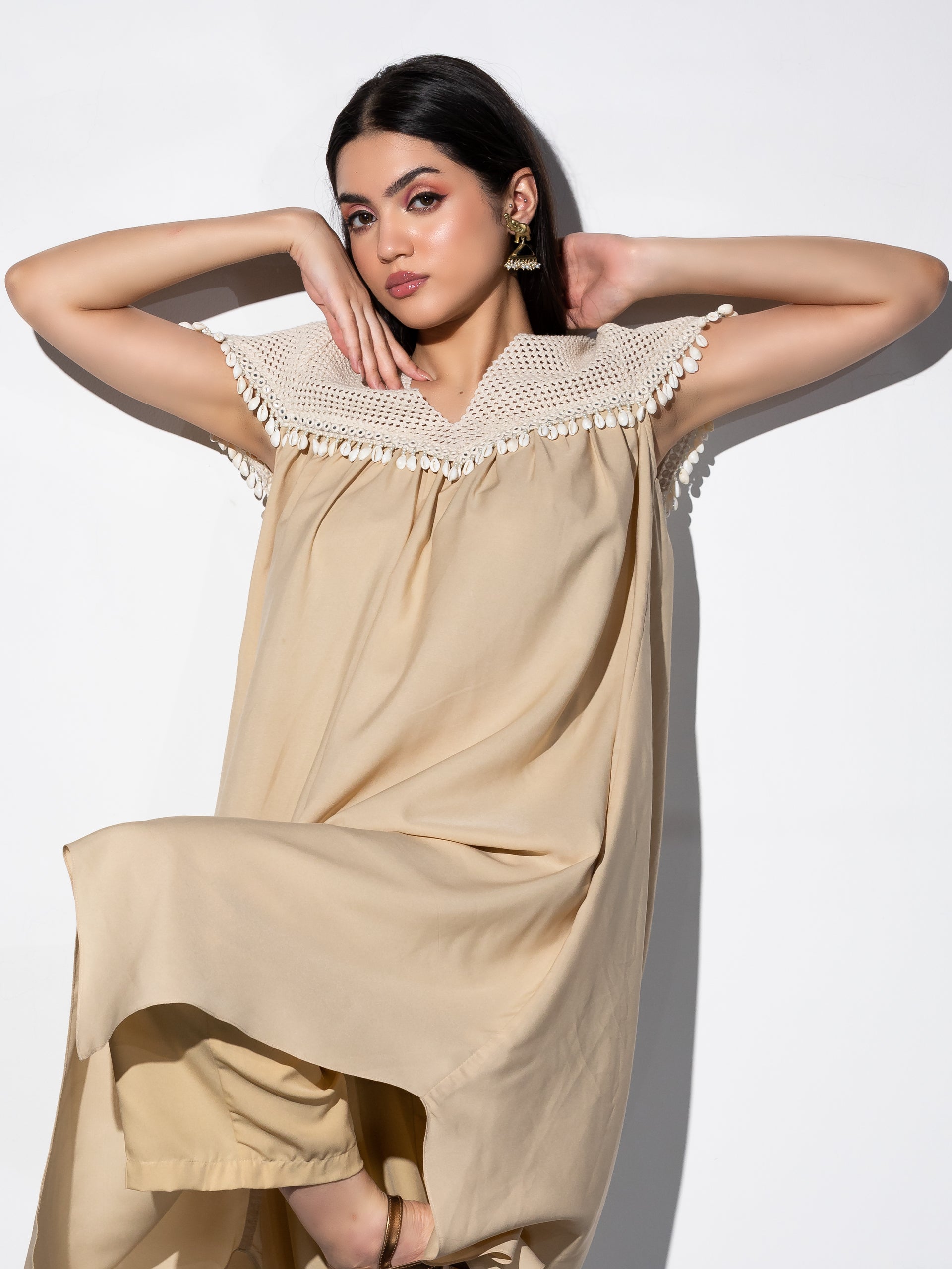 Women's Beige Crepe Top with Crochet Yoke and Cowri Lace 1 Piece | Straight Fit, V Neck, Sleeveless, Festive Wear, (Crepe)