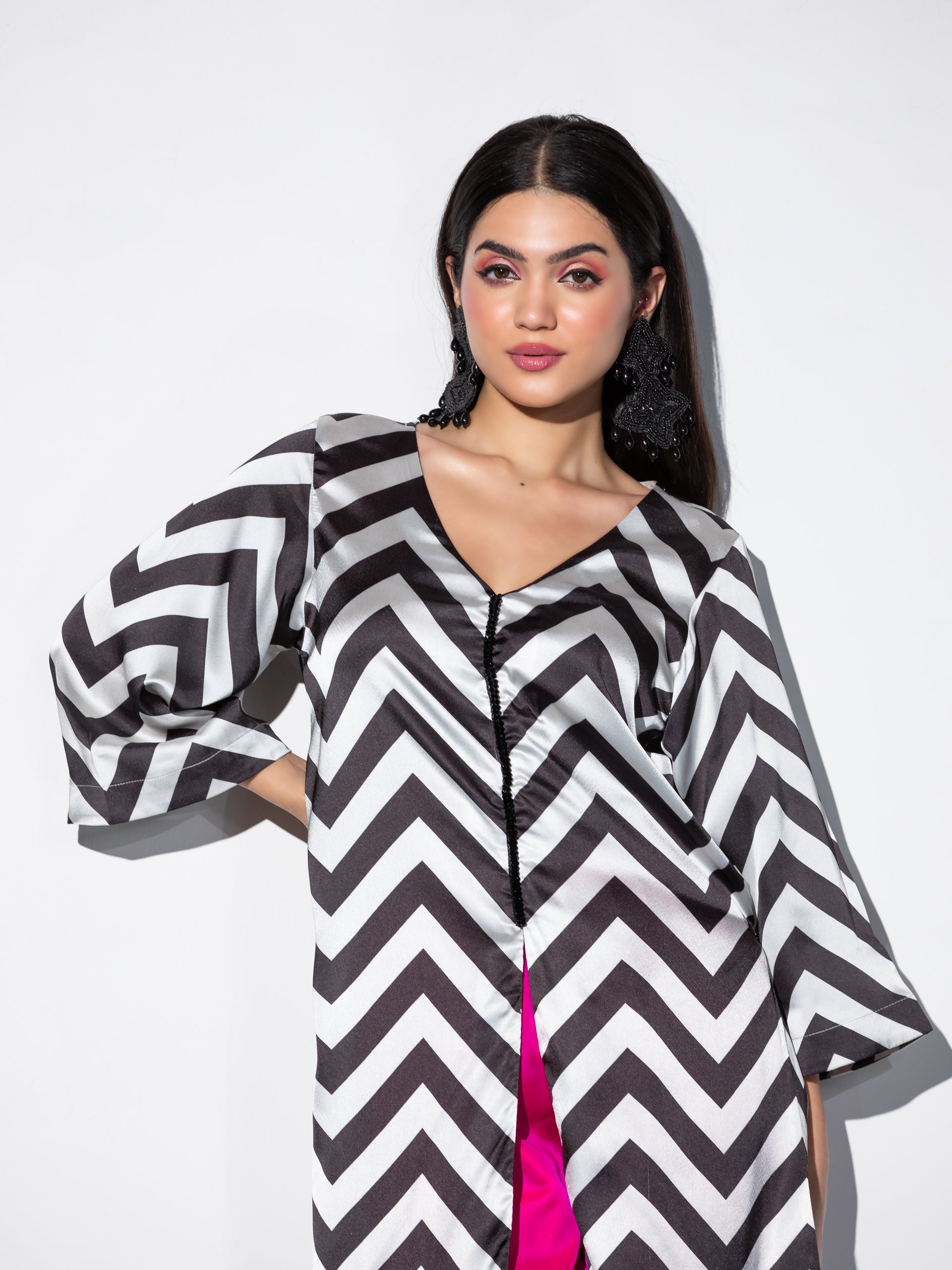 Women's Black and White Chevron Satin Kurta with Center Black Beaded Lace 1 Piece | A-Line, V Neck, Full Sleeves,Casual Wear, Festive Wear, (Satin)