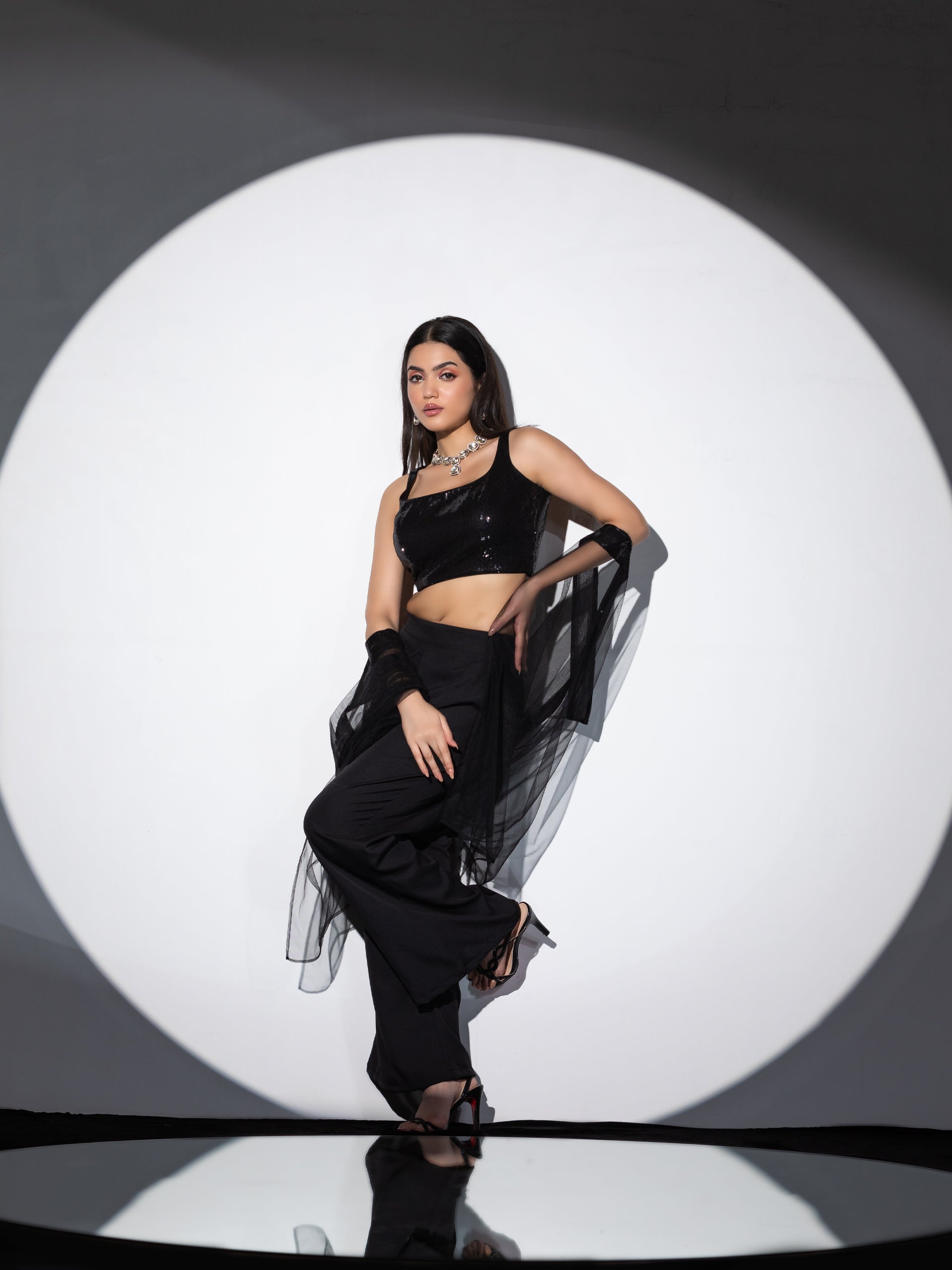 Women's Shawa-Shawa Outfit with Sequin Blouse, Flared Pant, and Net Sequin Dupatta 3 Piece Set | Straight Fit, Round Neck, Sleeveless, Pants, Partywear, (Sequin)