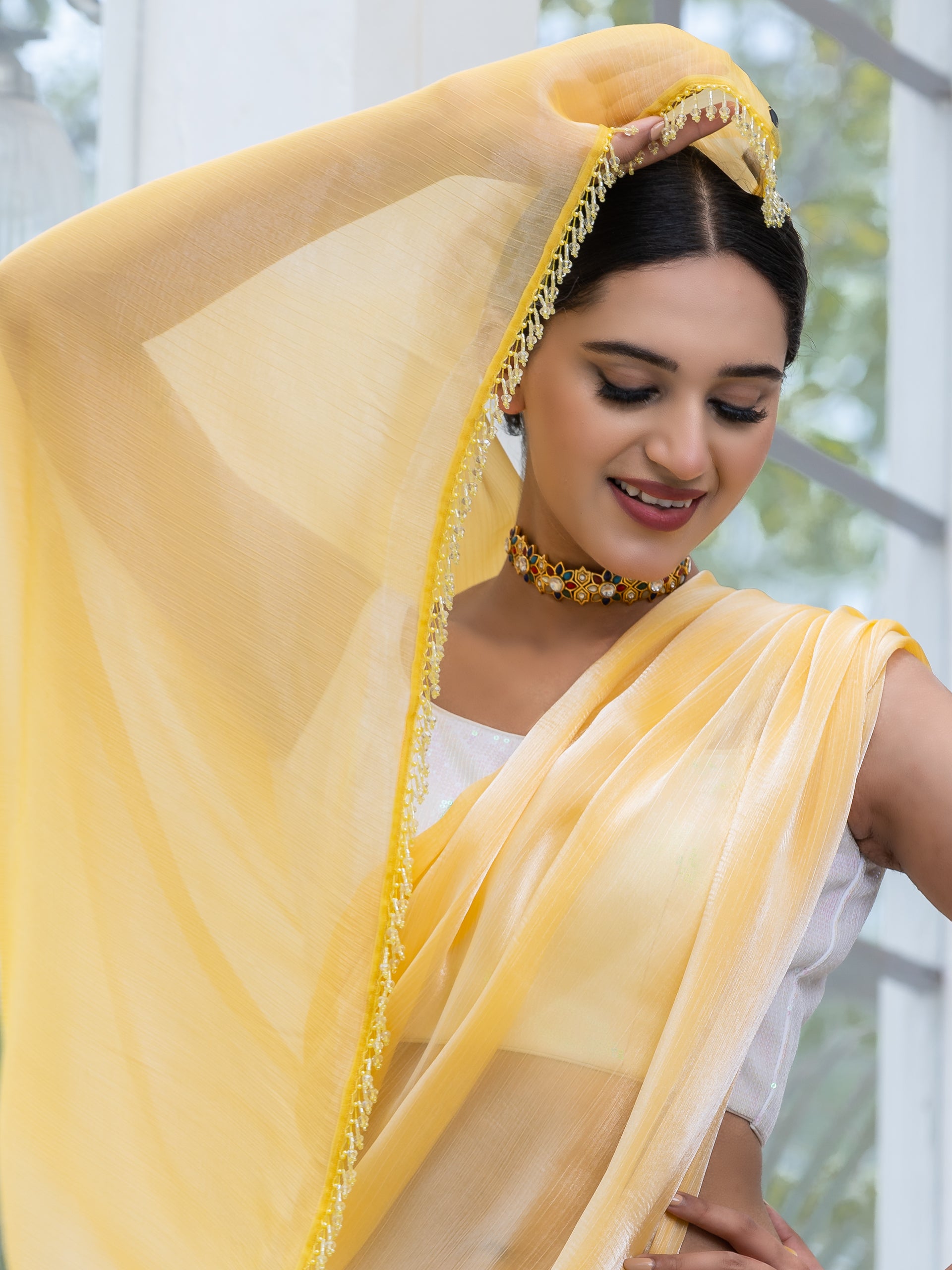 Lemon Fizz Chiffon Organza Saree with Lace and Blouse fabric