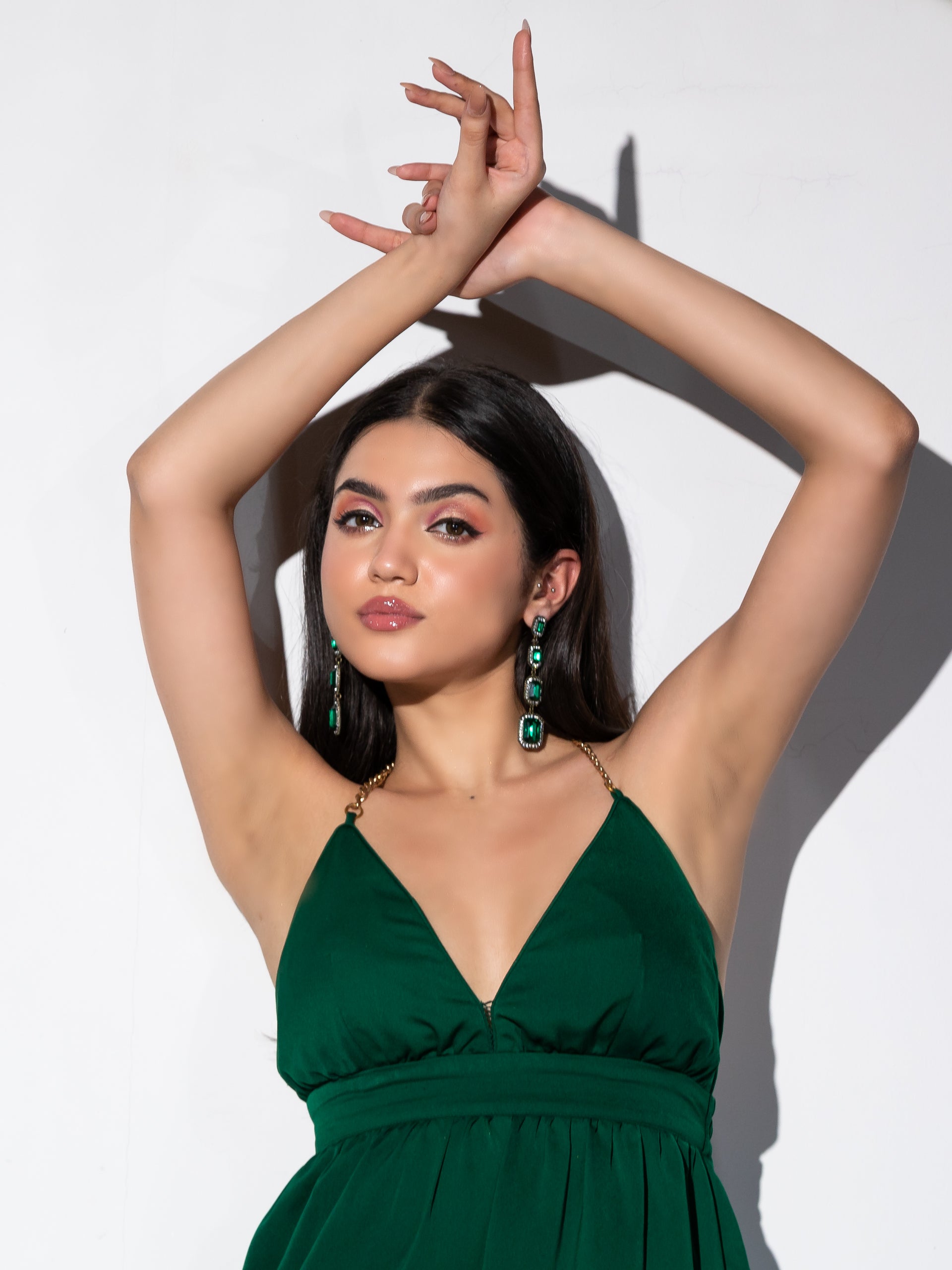 Women's Metal Strap Korean Emerald Dress Set with Satin Organza Cape 2 Piece Set | A-Line, V Neck, Sleeveless, Partywear, (Satin Organza)