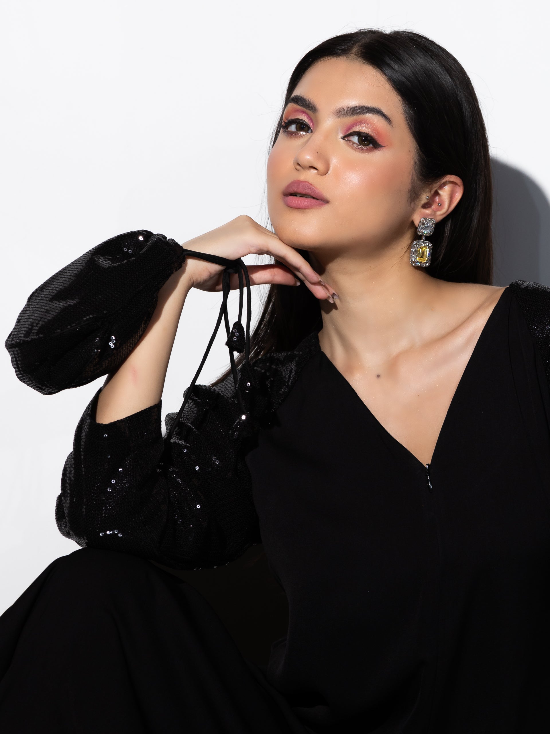 Women's Black Korean Coverall with Full Sequin Sleeves 1 Piece | Straight Fit, V Neck, Full Sleeves, Partywear, (Korean Fabric)