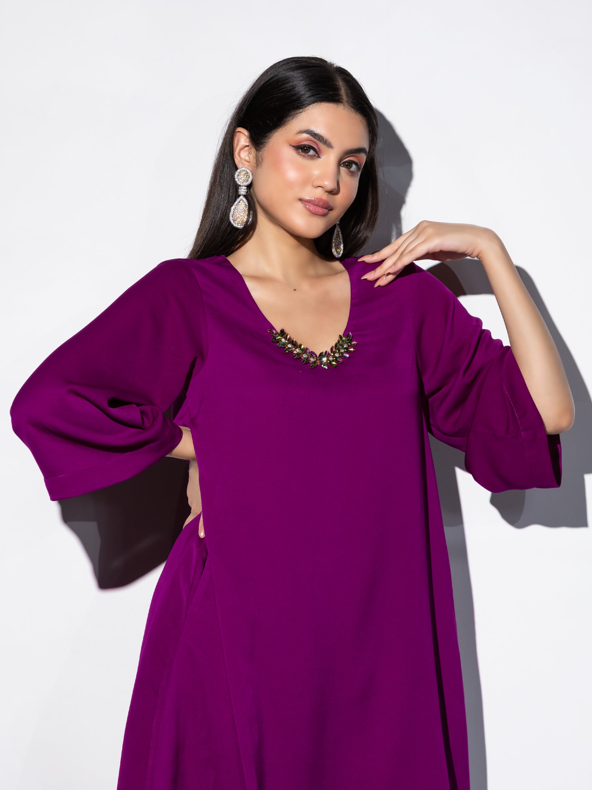 Women's Rule Breaker Korean Fabric Kurta Set with Glass Beads and Pants 2 Piece Set | Straight Fit, Round Neck, 3/4 Sleeves, Pants, Festive Wear, (Korean Fabric)