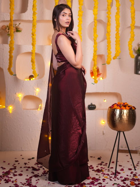 Deep Maroon Metallic Satin Saree With Bronze Sequins And Blouse Fabric