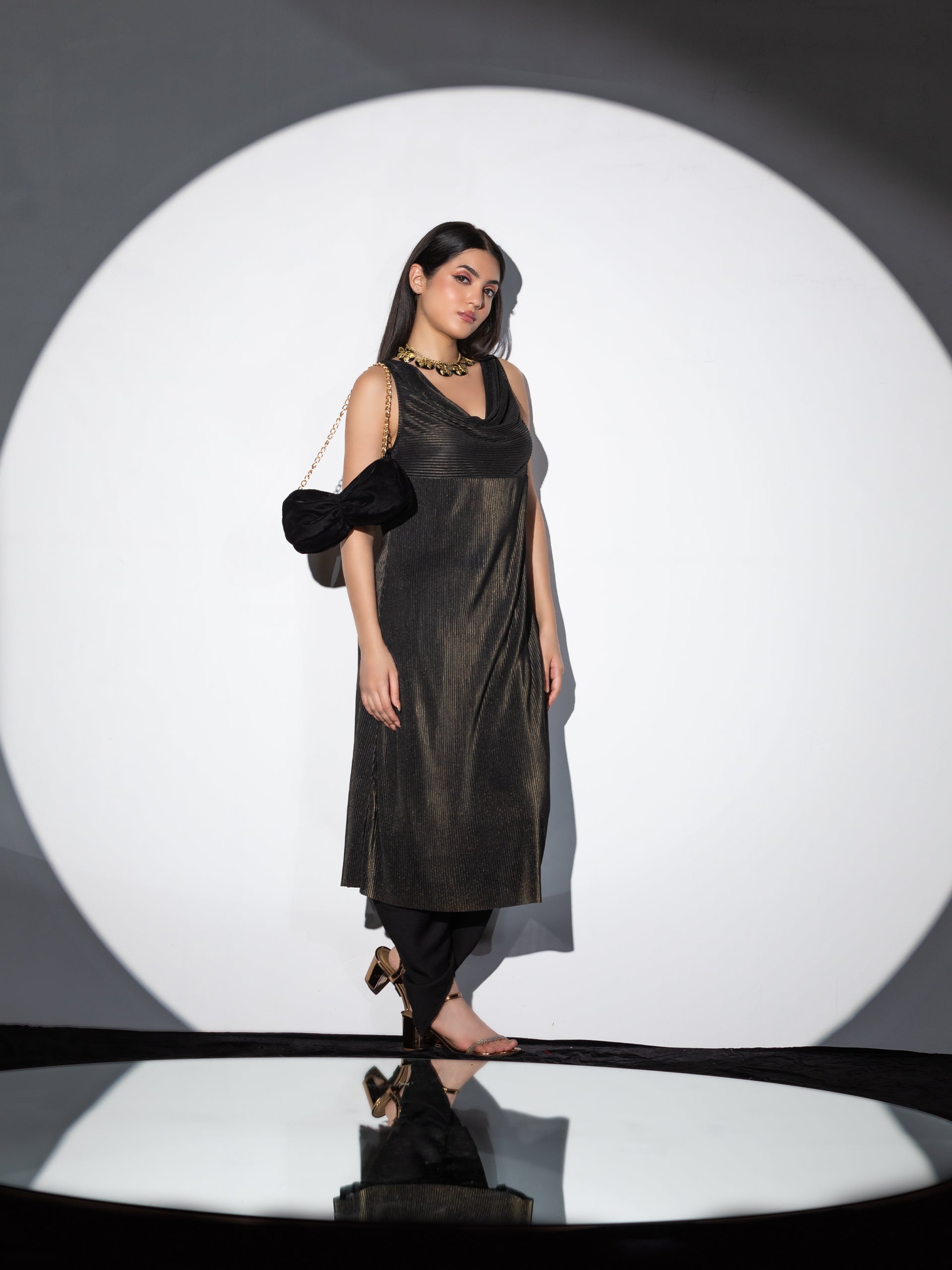 Women's Cowl Neck Pleated Black Gold Top Set with Dhoti Pant, 2 Piece Set | Straight Fit, Cowl Neck, Sleeveless, Dhoti Pants, Partywear, (Satin)