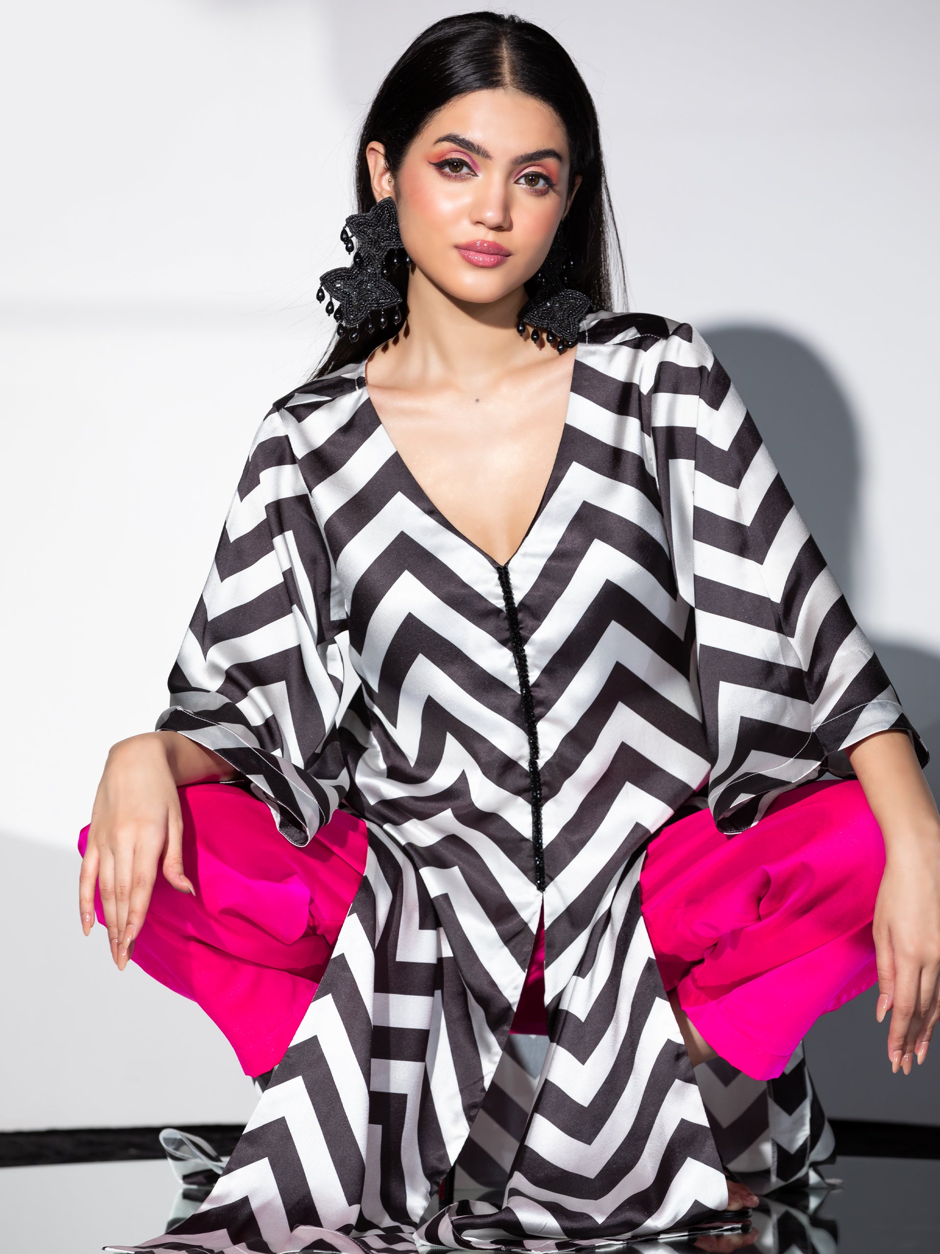 Women's Black & White Chevron Satin Top Set with Beaded Lace and Pants 2 Piece Set | Straight Fit, V Neck, Full Sleeves, Pants, Work Wear, Partywear, (Satin)