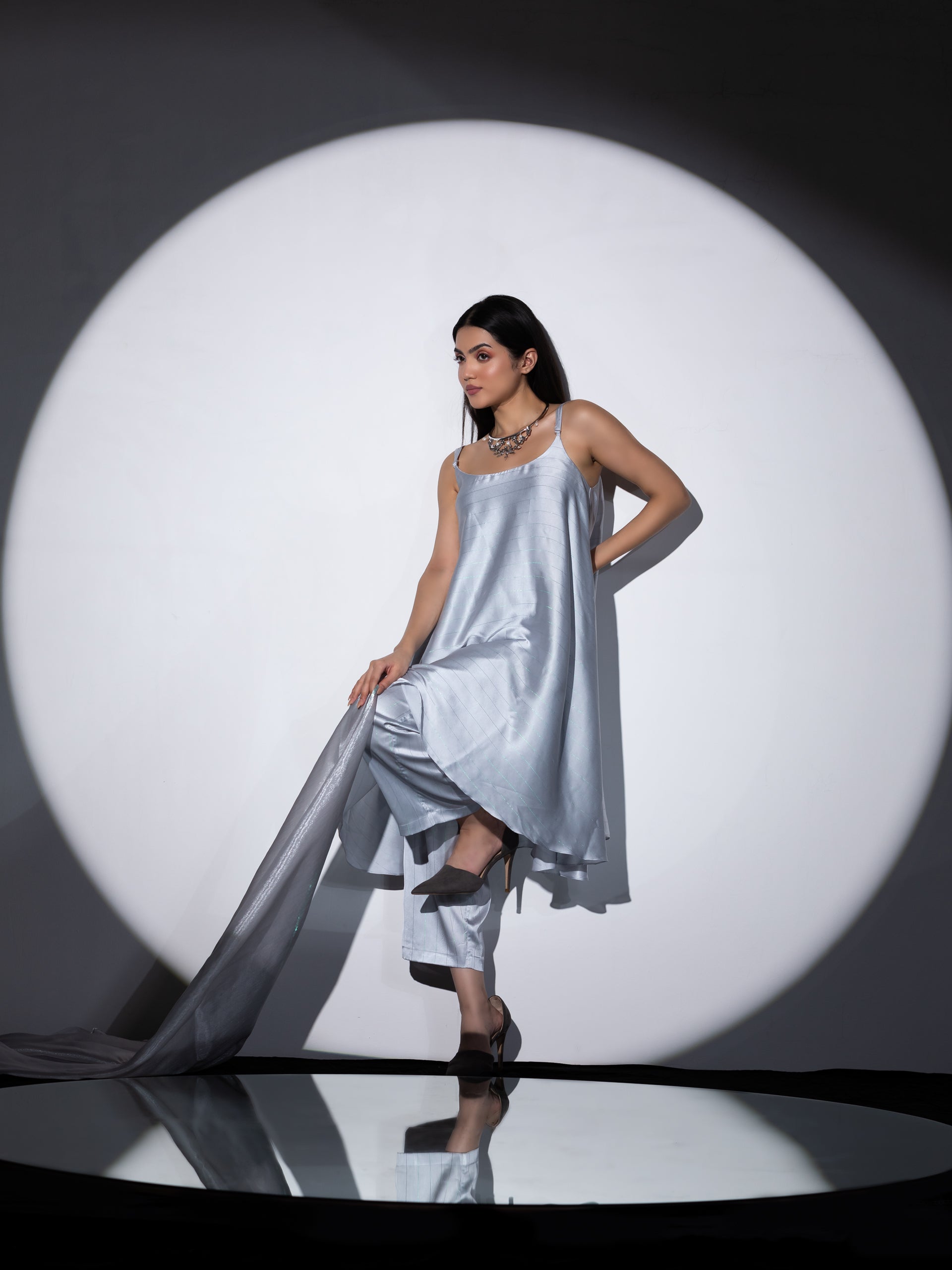 Women's Grey Stripe Satin Dress with Pants and Organza Chiffon Dupatta 3 Piece Set | Straight Fit, Round Neck, Sleeveless, Pants, Partywear, (Satin Chiffon)