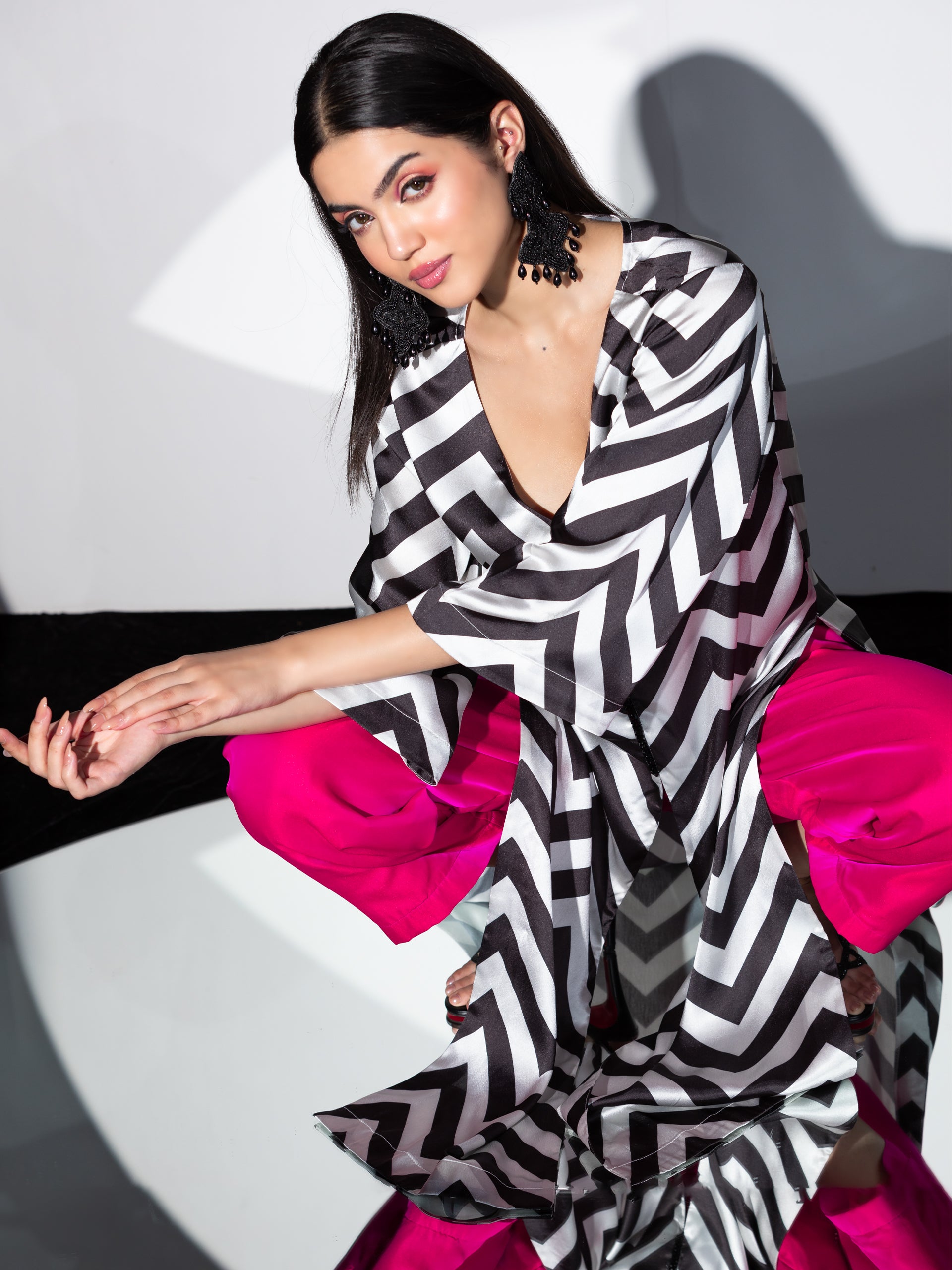 Women's Black & White Chevron Satin Top Set with Beaded Lace and Pants 2 Piece Set | Straight Fit, V Neck, Full Sleeves, Pants, Work Wear, Partywear, (Satin)