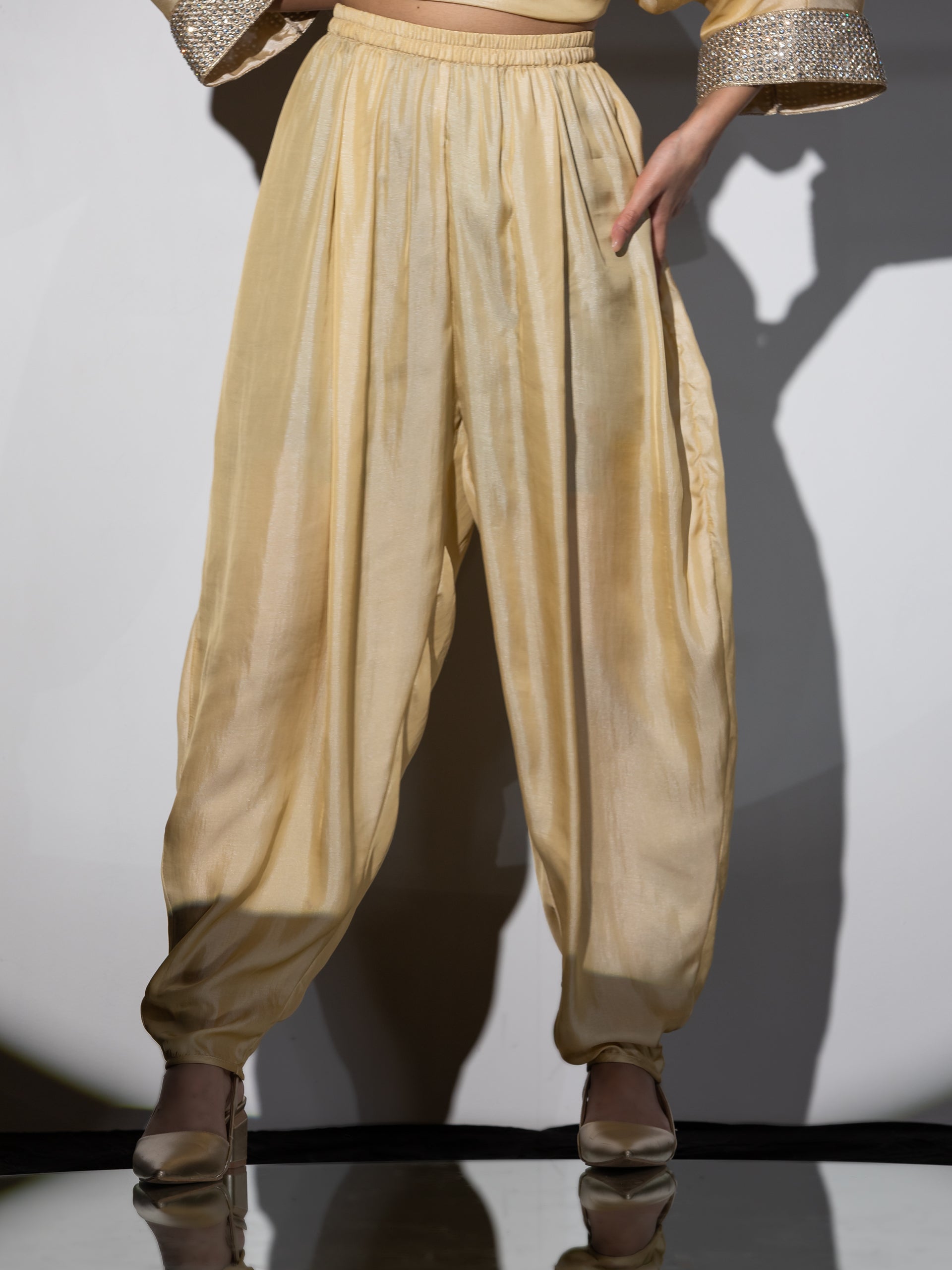 Women's Dual Shade Satin Top with Diamond Lace Set with Dhoti Pants 2 Piece Set | Straight Fit, V Neck, 3/4 Sleeves, Dhoti Pants, Partywear, (Satin)
