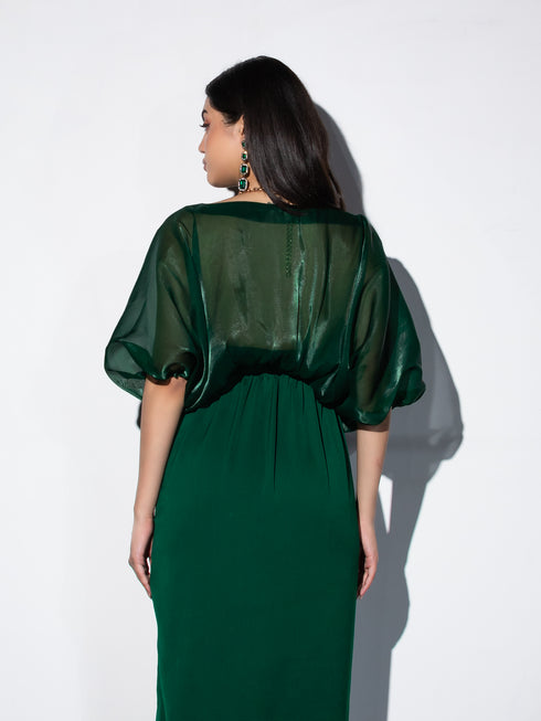 2pcs. Set| Metal Strap Korean Emerald Dress with Satin Organza Cape