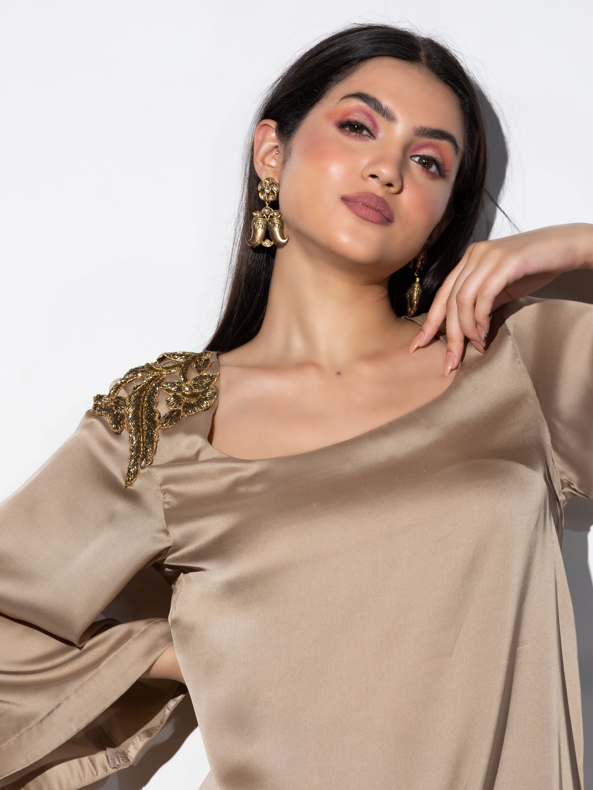 Women's Peanut Bronze Zardozi Shoulder Top Set with Dhoti Pants 2 Piece Set | Straight Fit, Round Neck, Full Sleeves, Dhoti Pants, Partywear, (Satin)