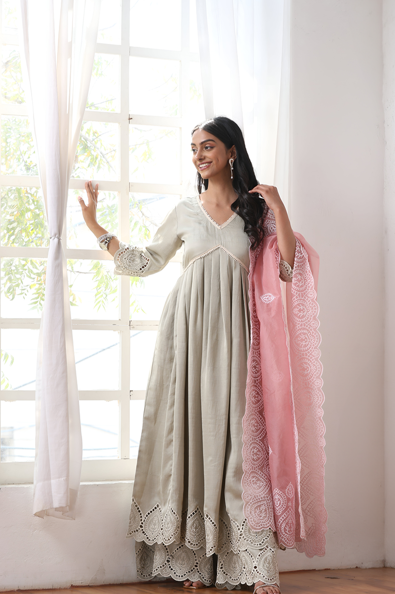 Women’s Sage Anarkali Suit Set with Palazzo | 2 Pc Set, Anarkali Style, Schiffli Embroidery on Hem, 3/4th Sleeves, Festive Party Wear (PRF'T Lux Duchess Satin Fabric)