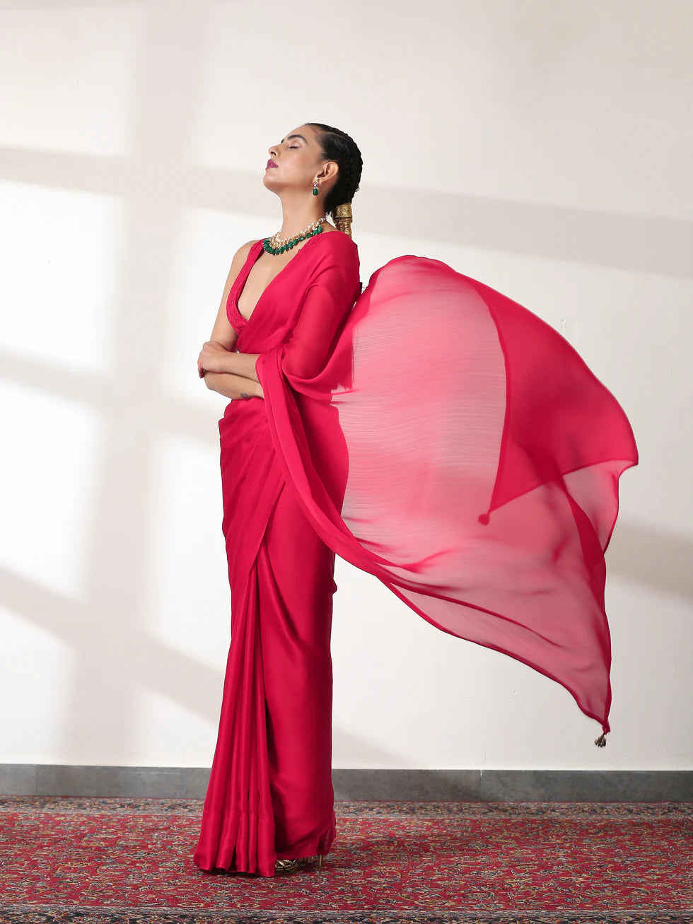Ruby Butter Chiffon Pre-draped Saree with Self Blouse Fabric